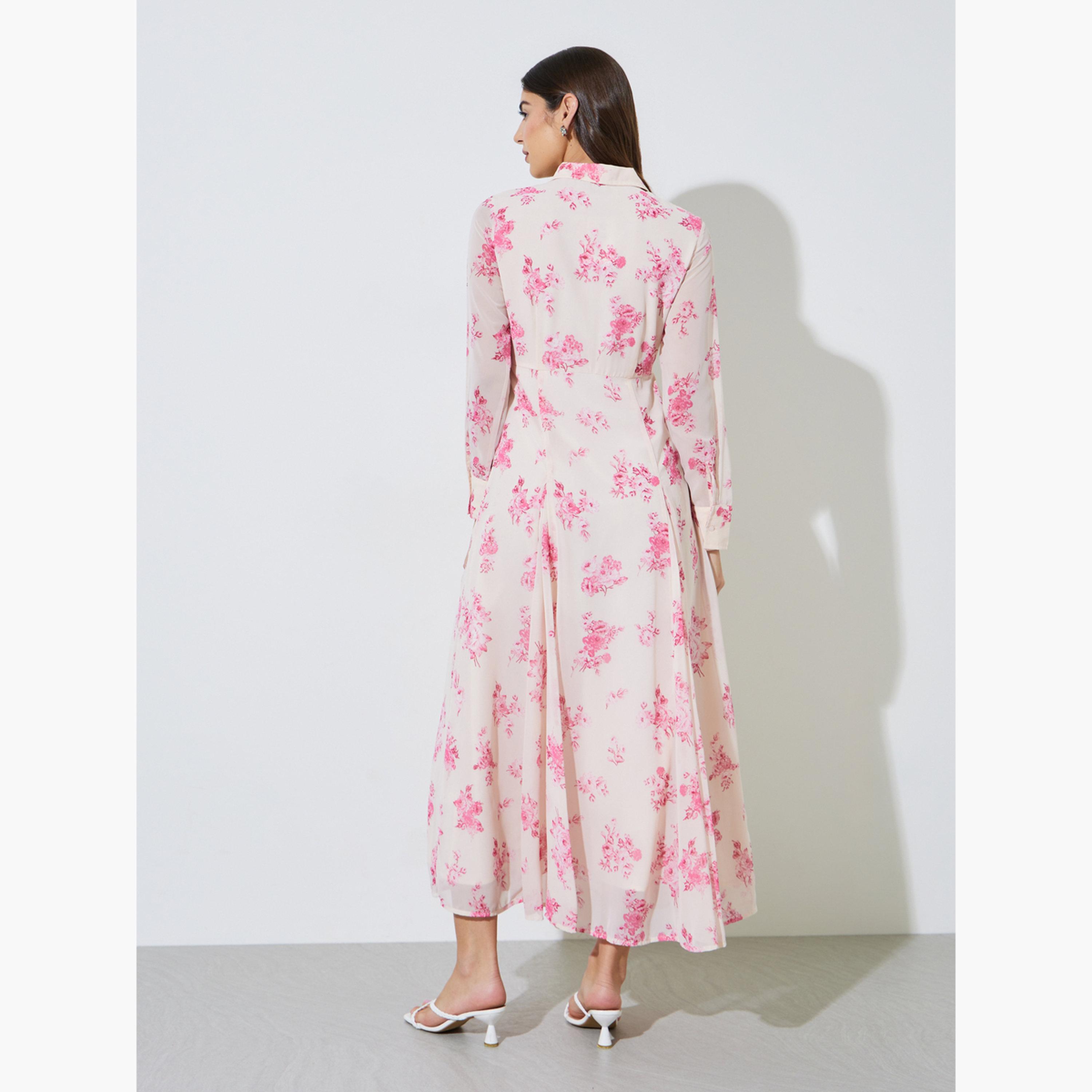 Styli Off-White Floral Print Long Sleeves Shirt Maxi Dress-women-clothing-dresses-image-4