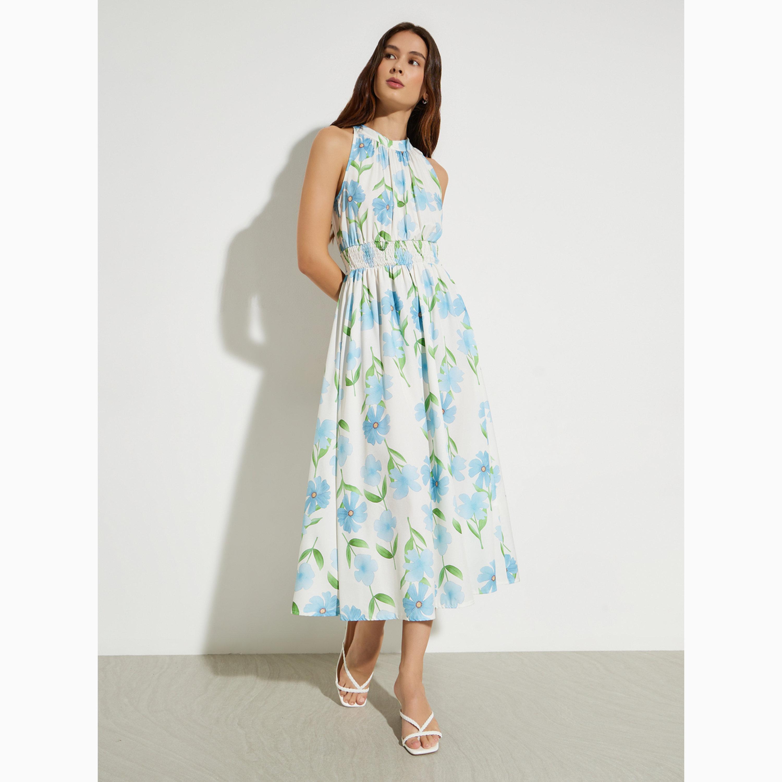 فستان ميدي بحافة واسعة بلا أكمام ونقشة زهور-women-clothing-dresses-image-1