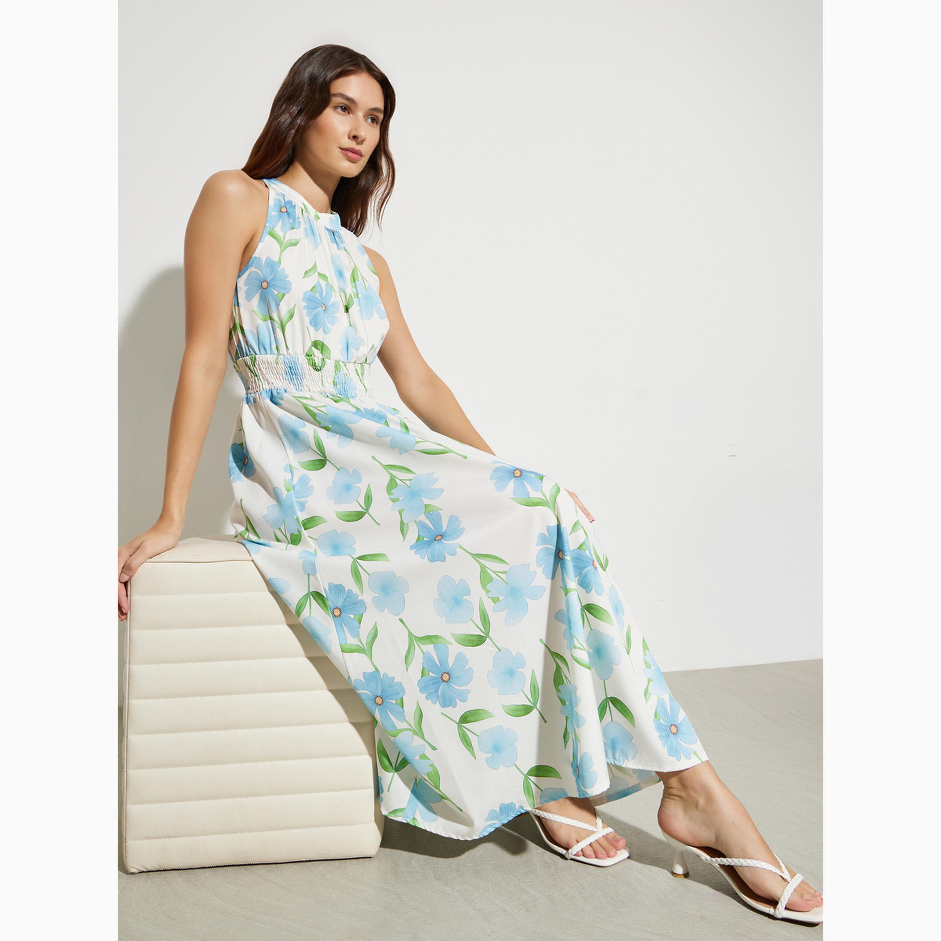 فستان ميدي بحافة واسعة بلا أكمام ونقشة زهور-women-clothing-dresses-image-3