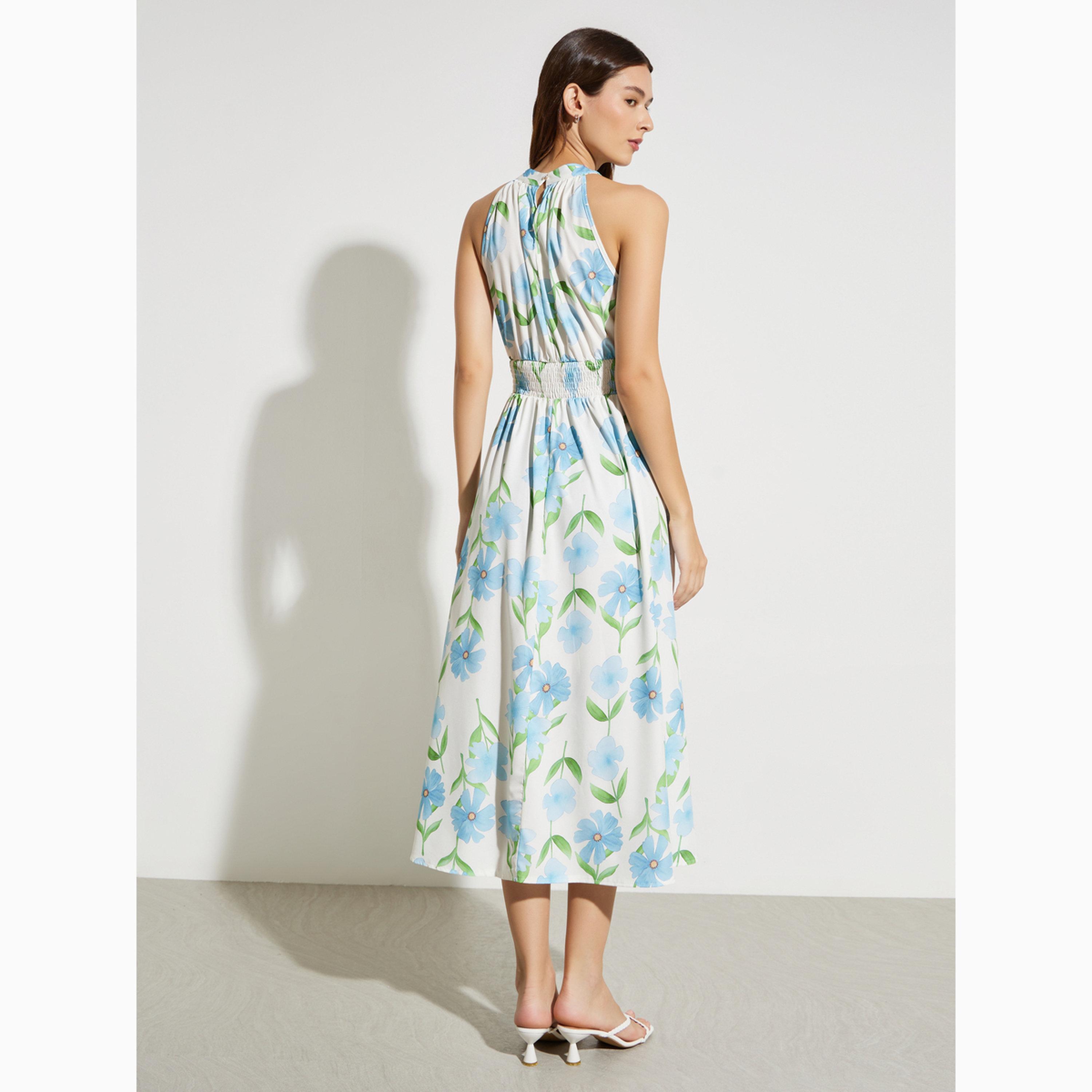 فستان ميدي بحافة واسعة بلا أكمام ونقشة زهور-women-clothing-dresses-image-4