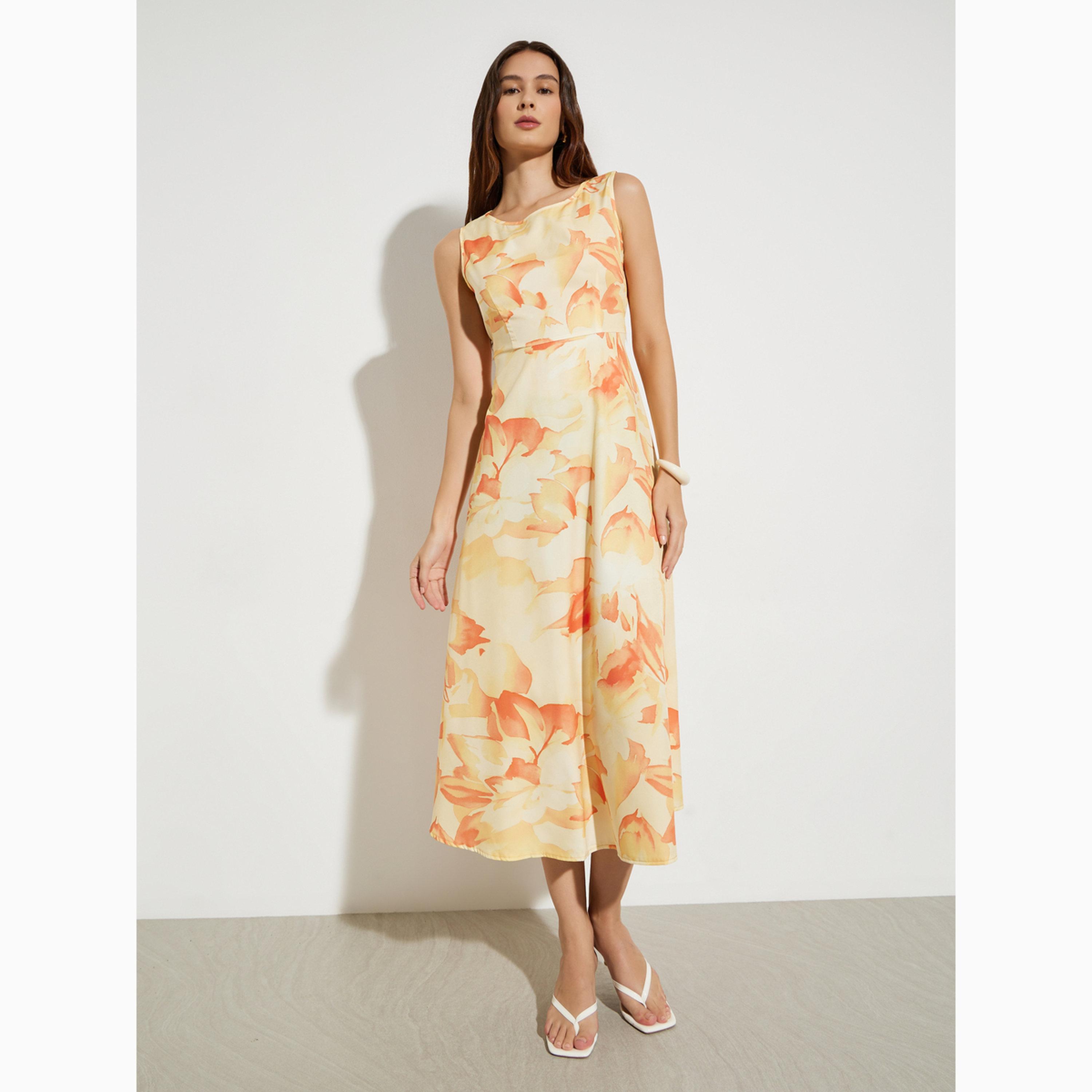 فستان ميدي بحافة واسعة ونقشة زهور-women-clothing-dresses-image-1