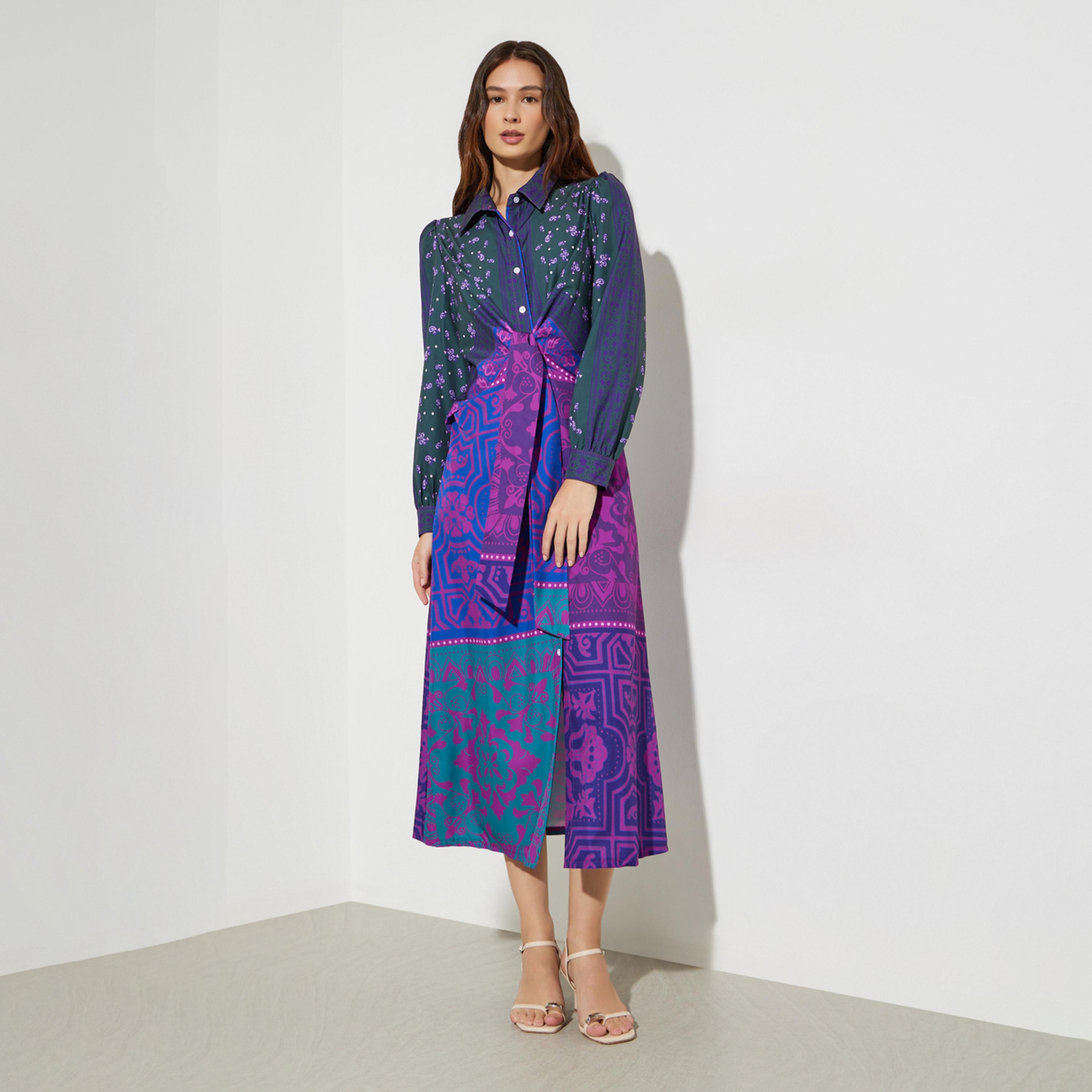 فستان ميدي بطبعة كاملة وبرباط خصر-women-clothing-dresses-image-1