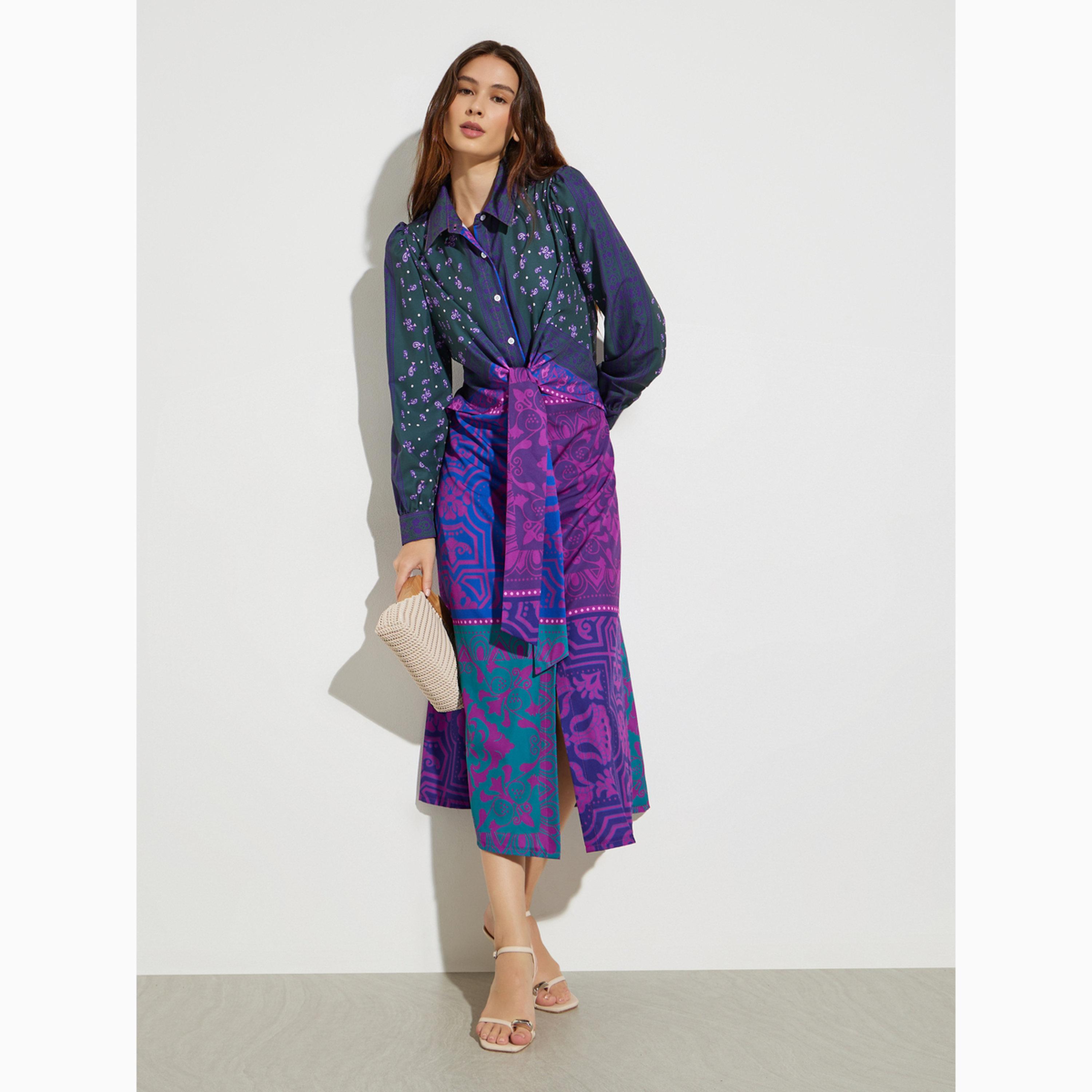 فستان ميدي بطبعة كاملة وبرباط خصر-women-clothing-dresses-image-2