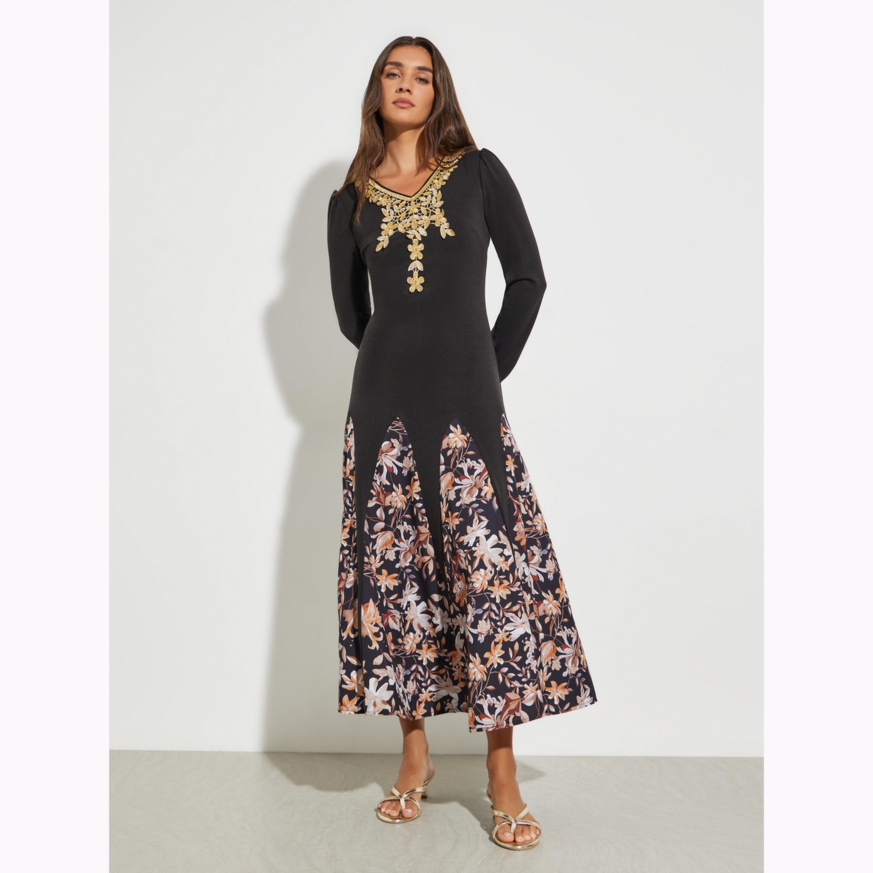 Take Two Black Floral Print A-Line Midi Dress-women-clothing-dresses-image-1