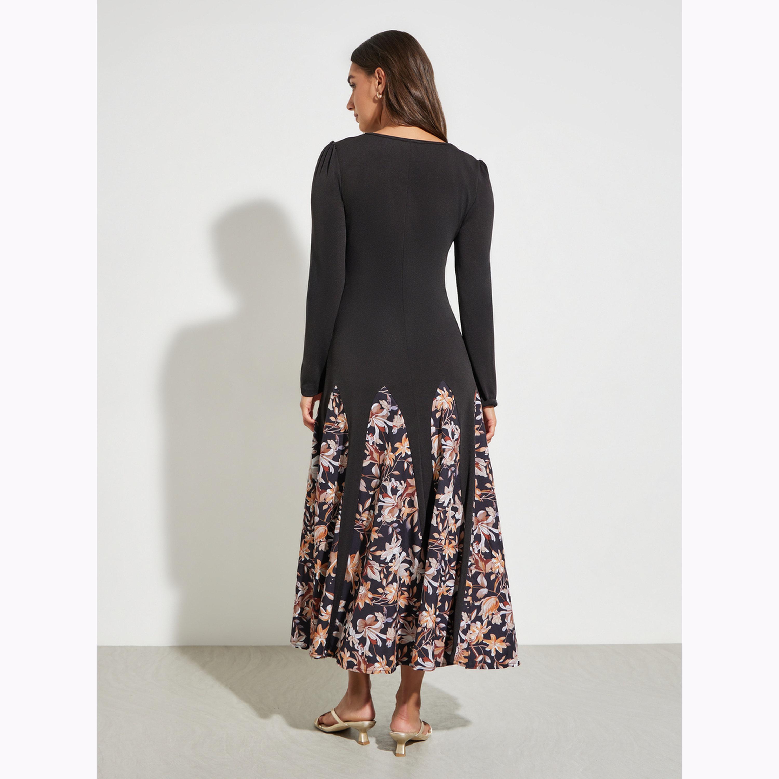 Take Two Black Floral Print A-Line Midi Dress-women-clothing-dresses-image-3