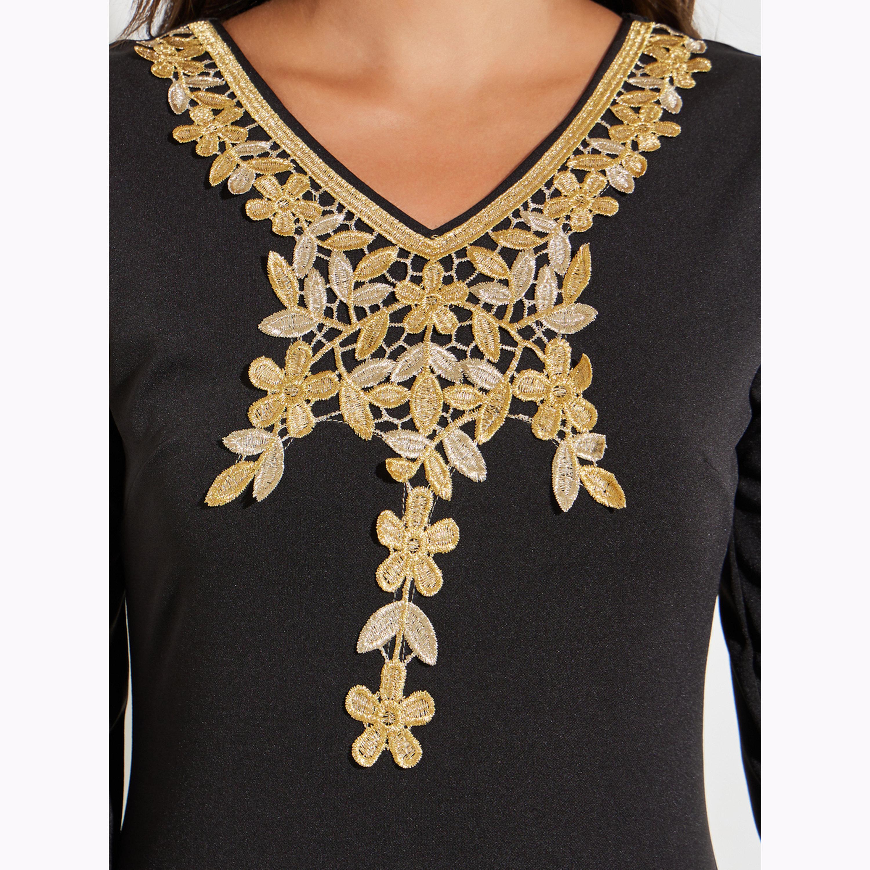فستان ميدي بحافة واسعة وطبعة زهور لون أسود-women-clothing-dresses-image-4