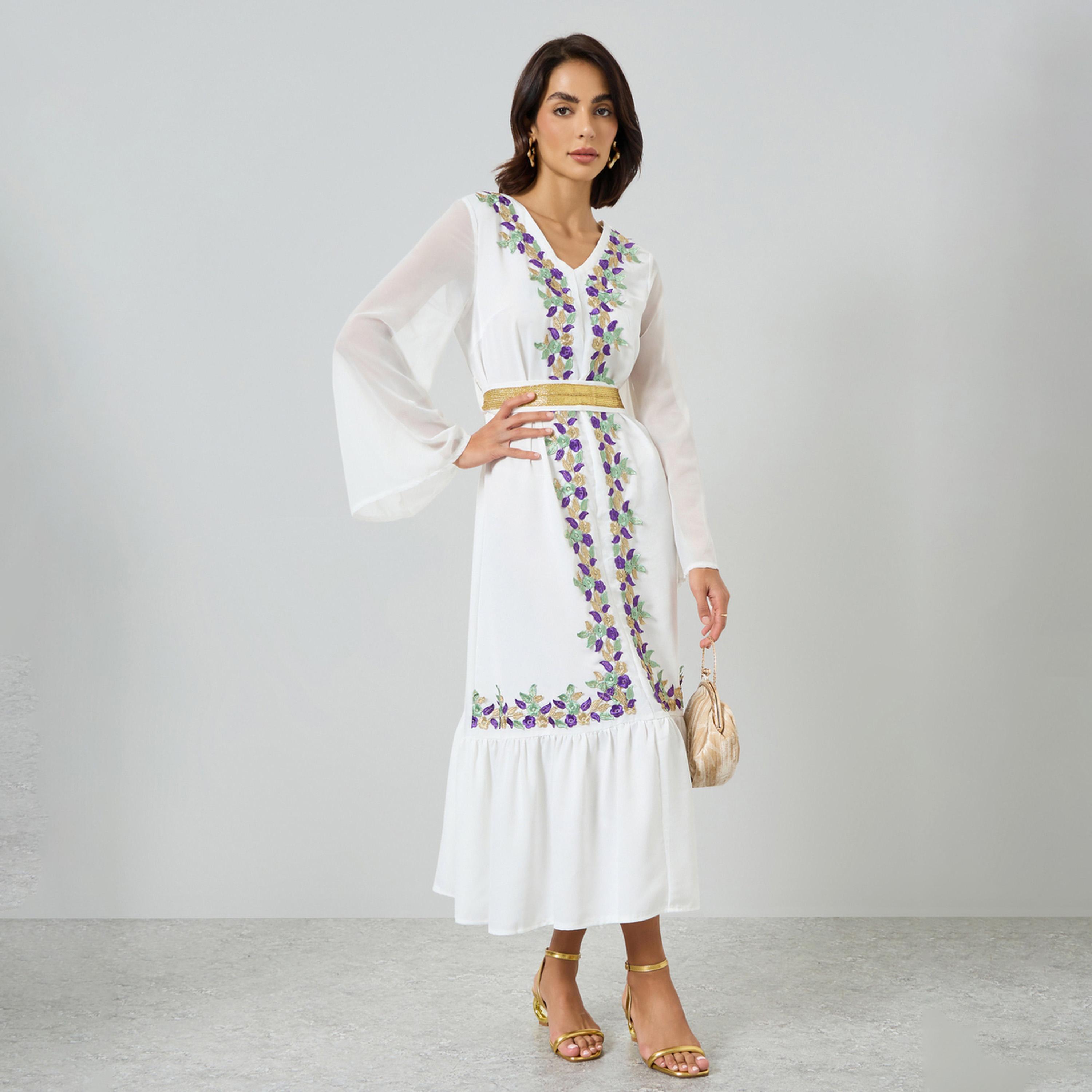 Take Two White Floral Patch Midi Dress with Tie-Belt-women-clothing-dresses-image-1