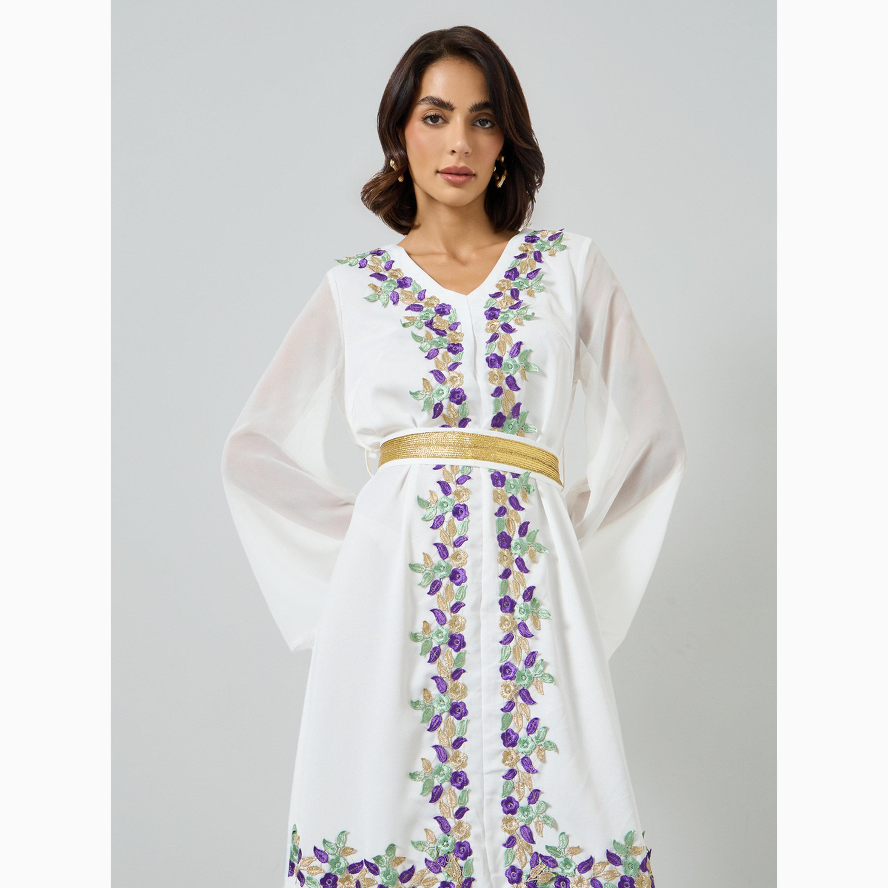 Take Two White Floral Patch Midi Dress with Tie-Belt-women-clothing-dresses-image-2