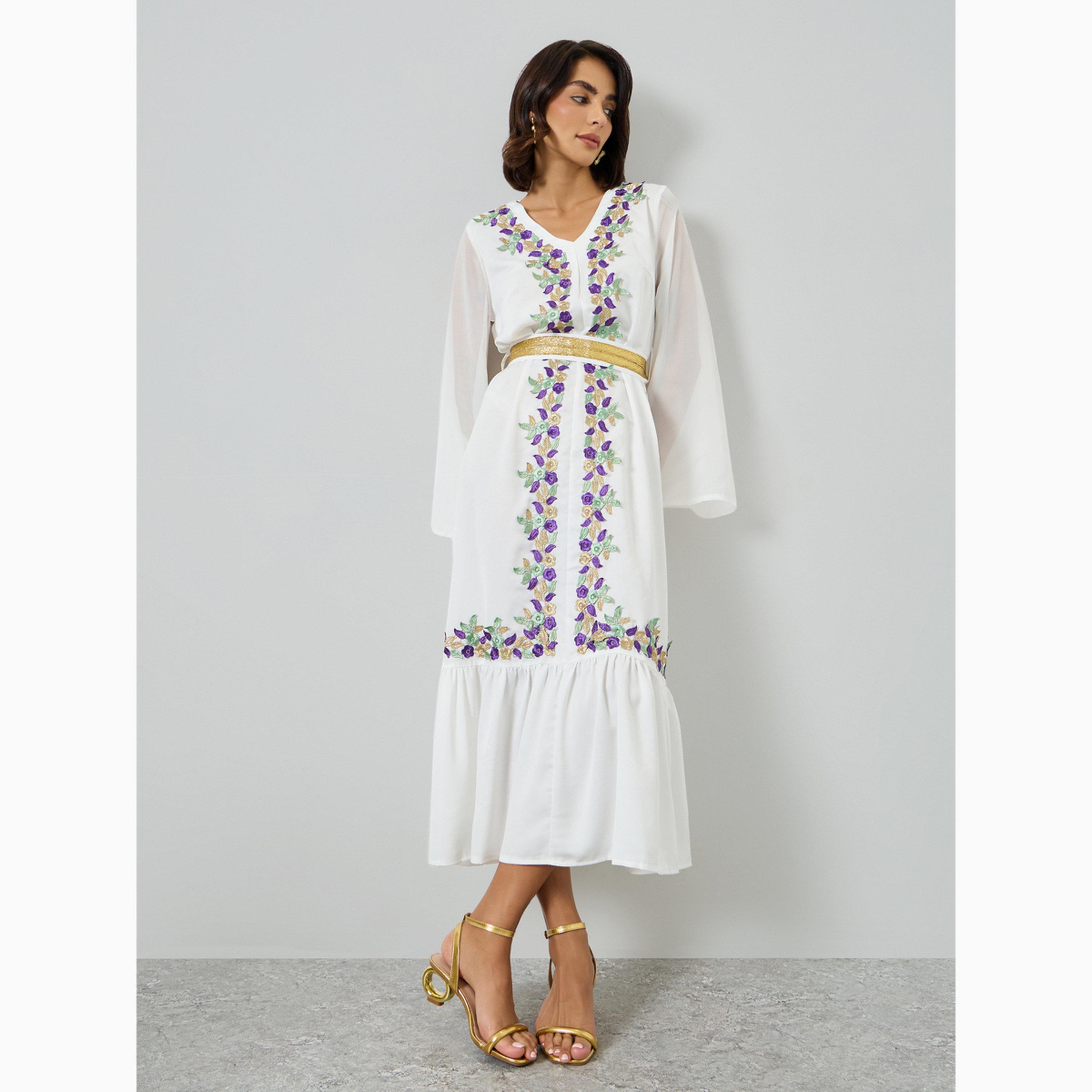 Take Two White Floral Patch Midi Dress with Tie-Belt-women-clothing-dresses-image-3