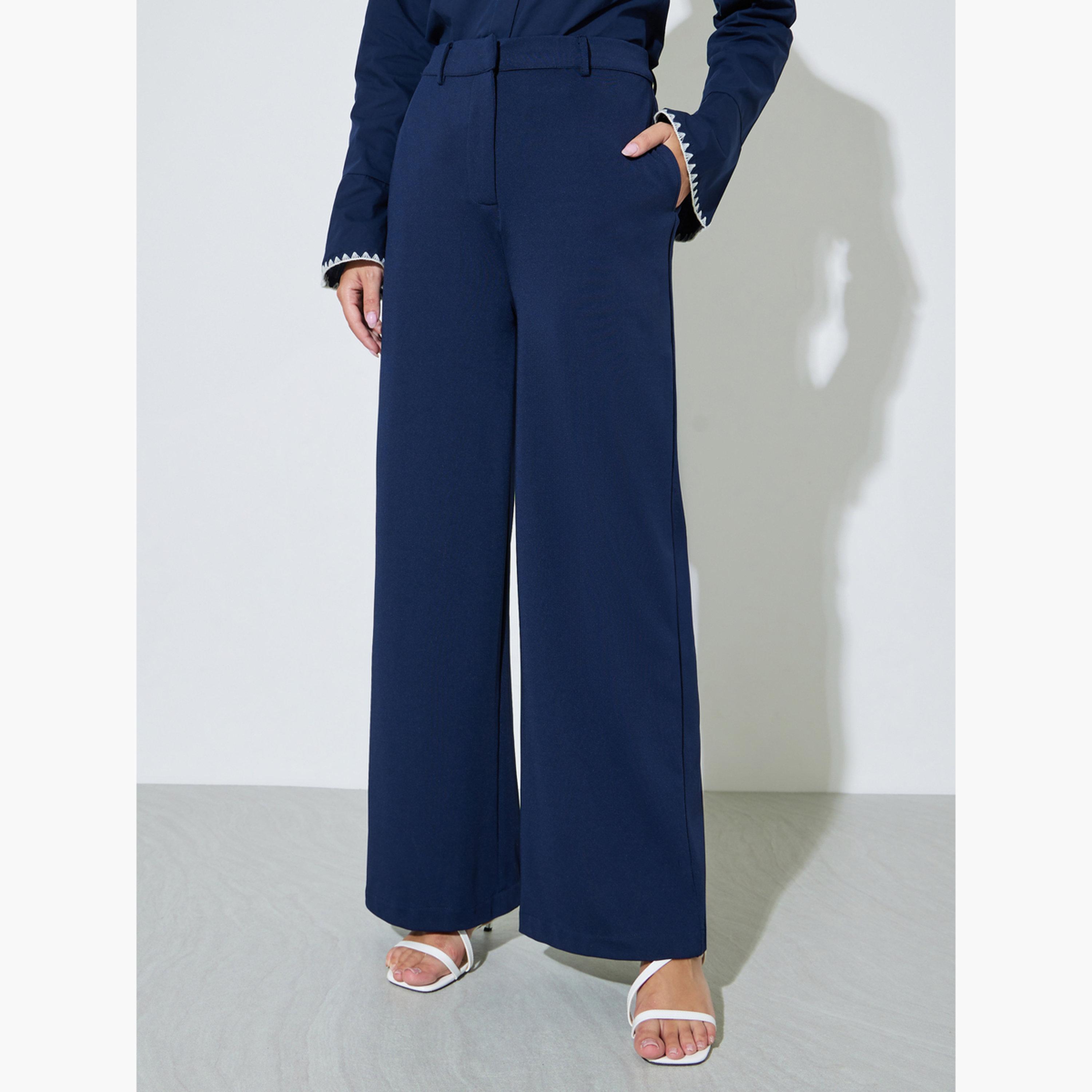 Styli Navy Blue Scuba Wide Leg Pants-women-clothing-bottoms-trousers-image-1
