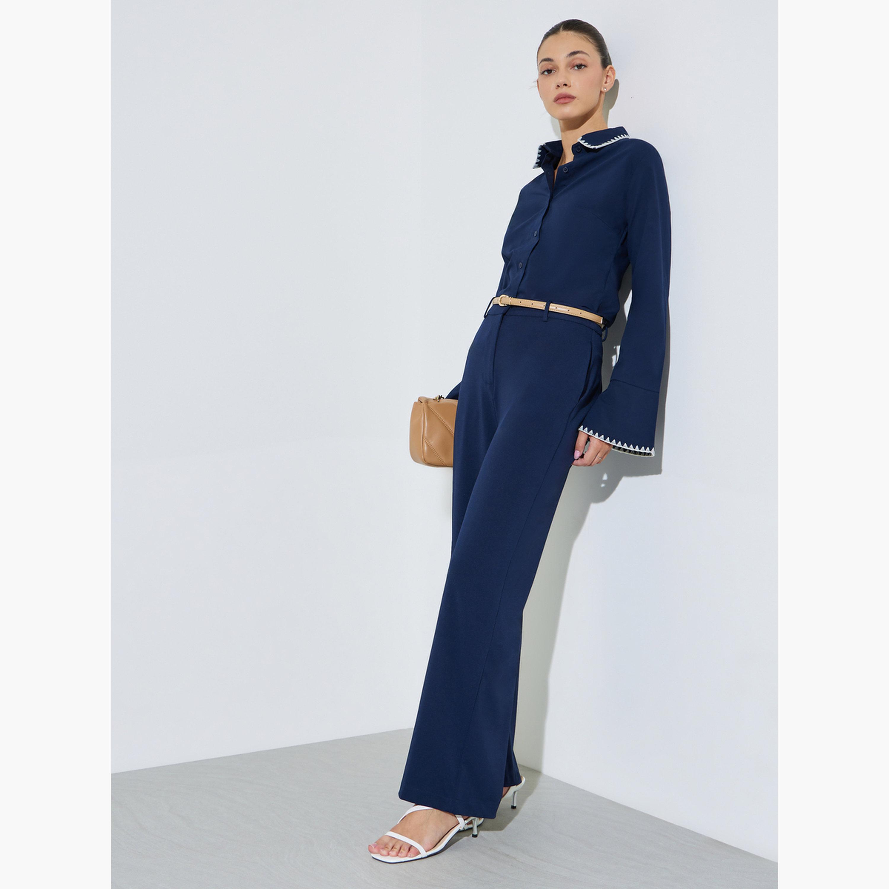 Styli Navy Blue Scuba Wide Leg Pants-women-clothing-bottoms-trousers-image-2
