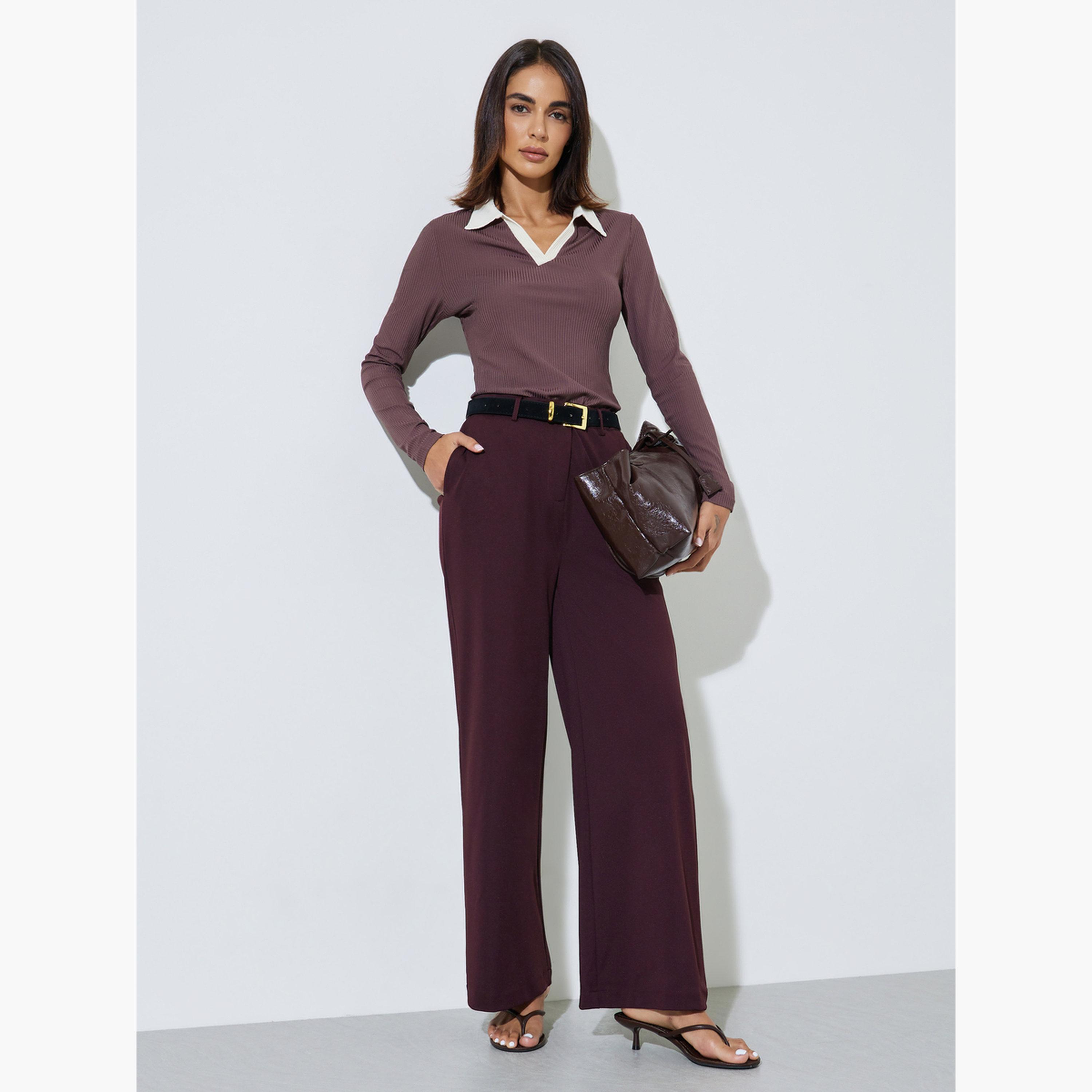 Styli Burgundy Scuba Wide Leg Trousers-women-clothing-bottoms-trousers-image-2