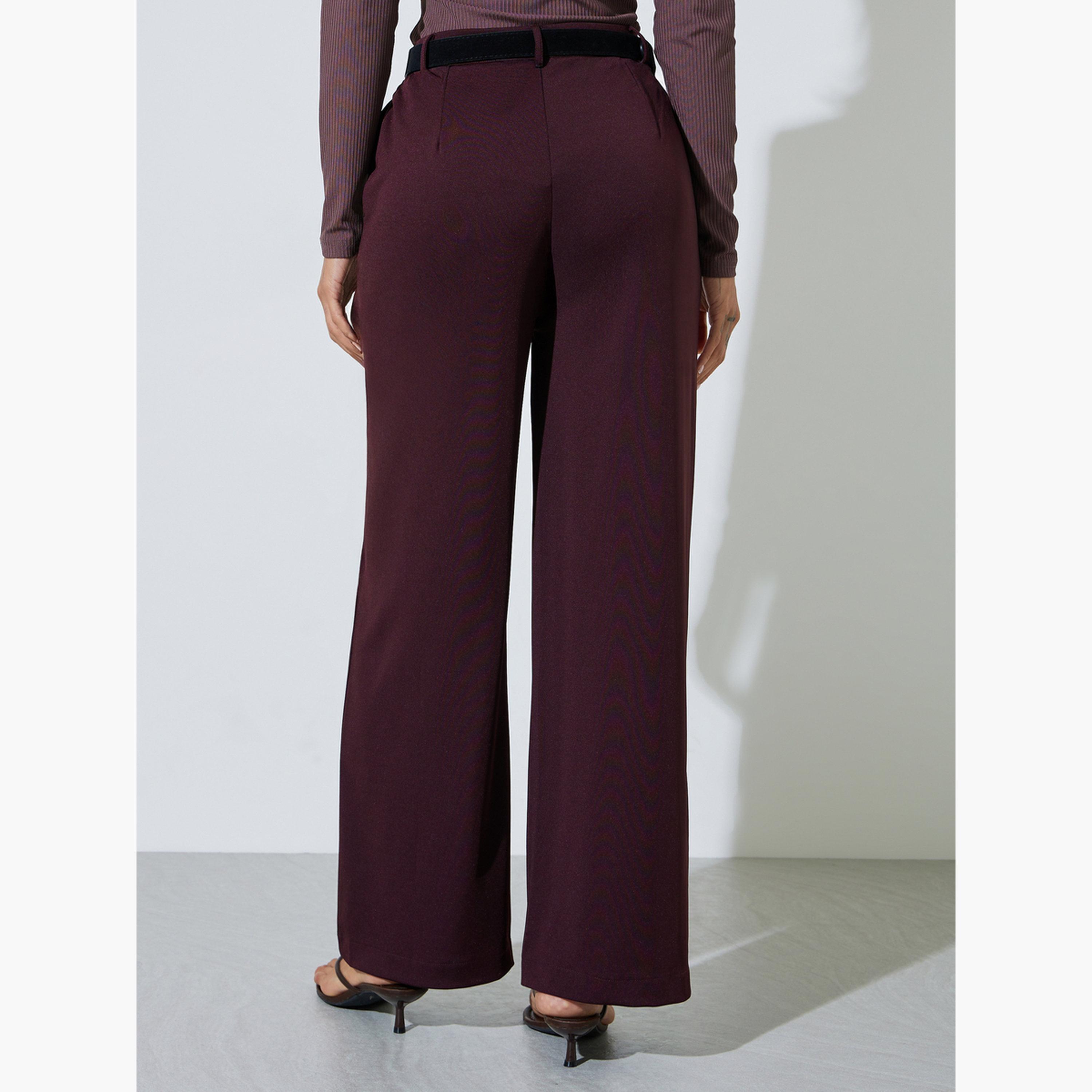 Styli Burgundy Scuba Wide Leg Trousers-women-clothing-bottoms-trousers-image-4