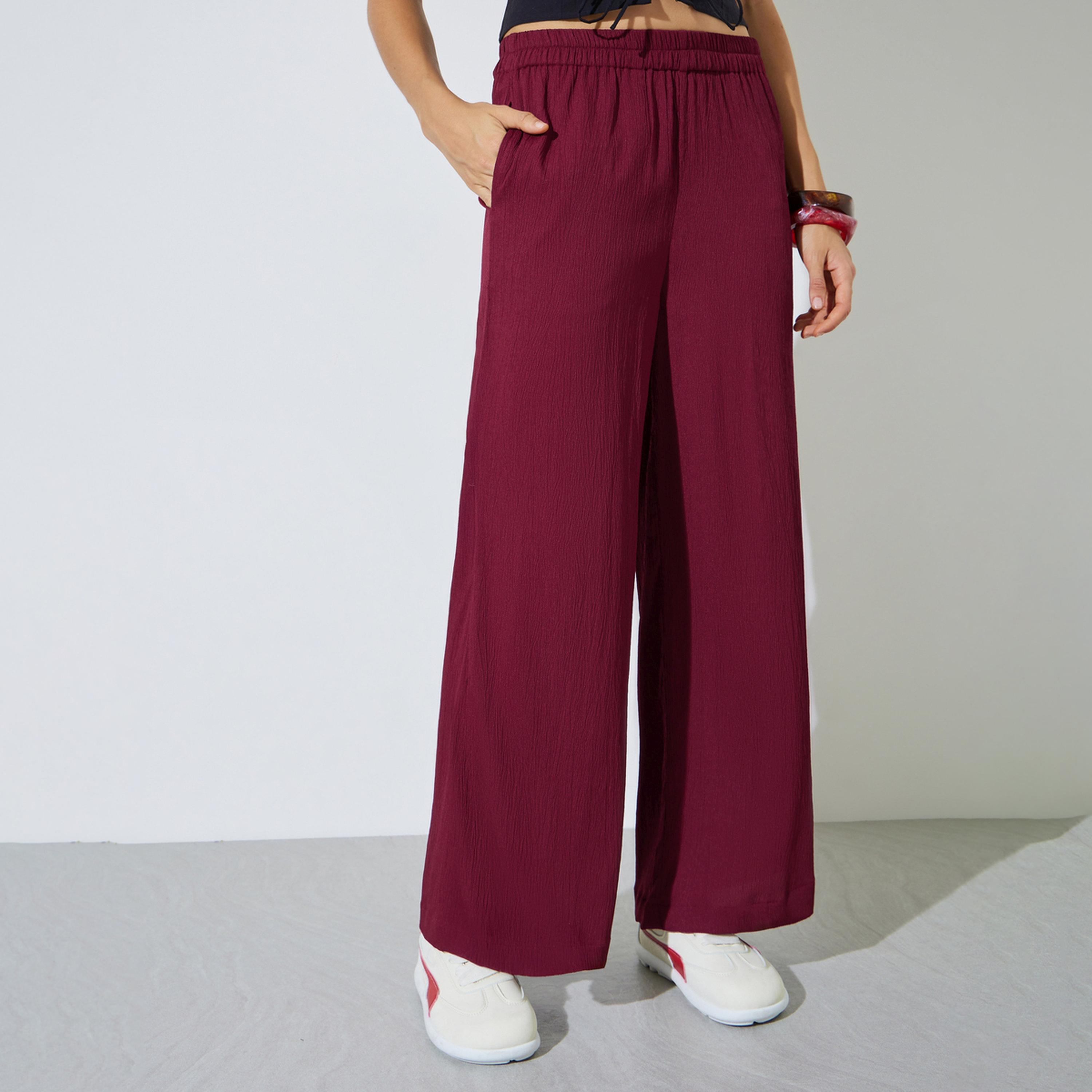 Styli Burgundy Wide Leg Pants with Elastic Waist-women-clothing-bottoms-joggers-image-1