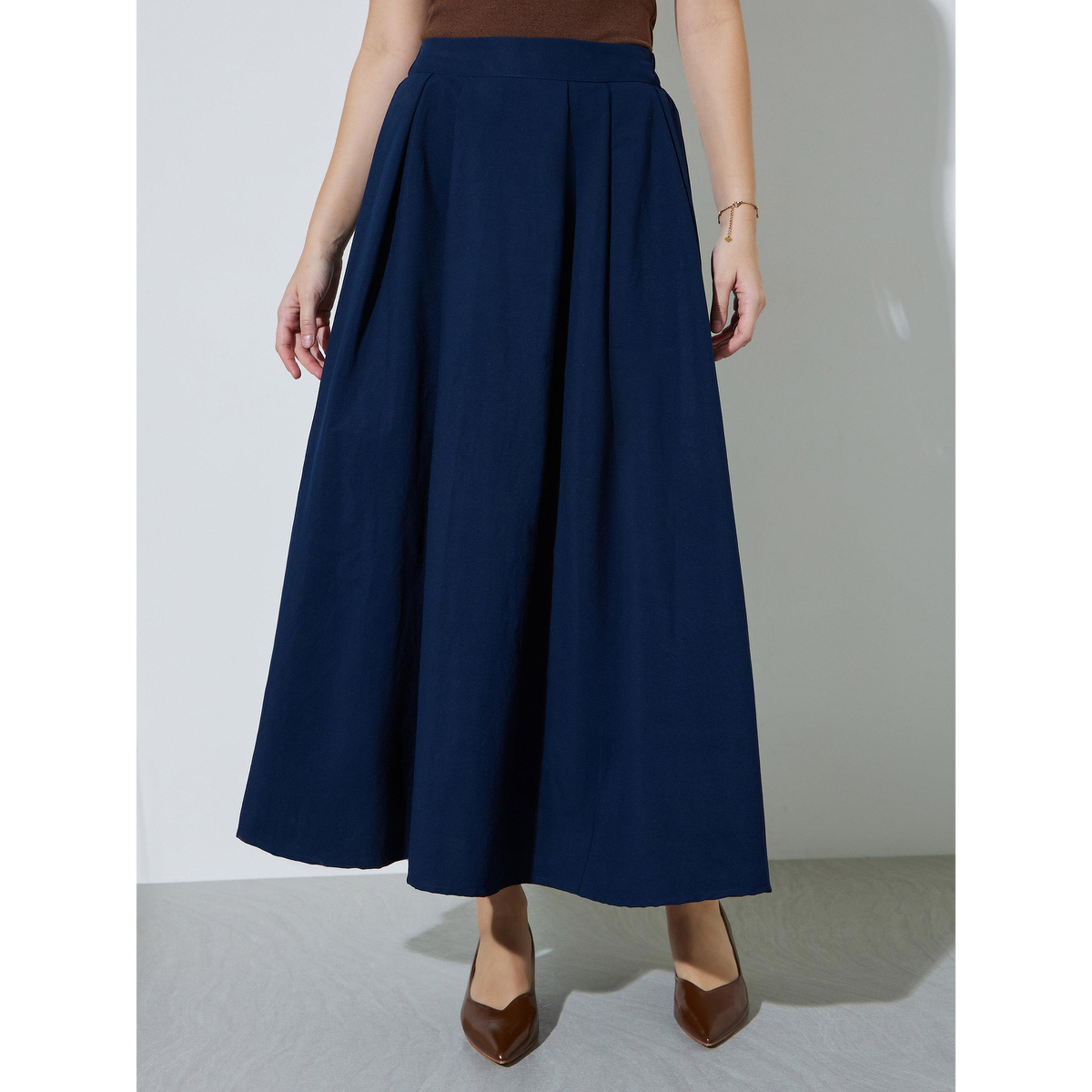 Styli Navy Blue Solid Pleated A-Line Maxt Skirt-women-clothing-skirts-image-1
