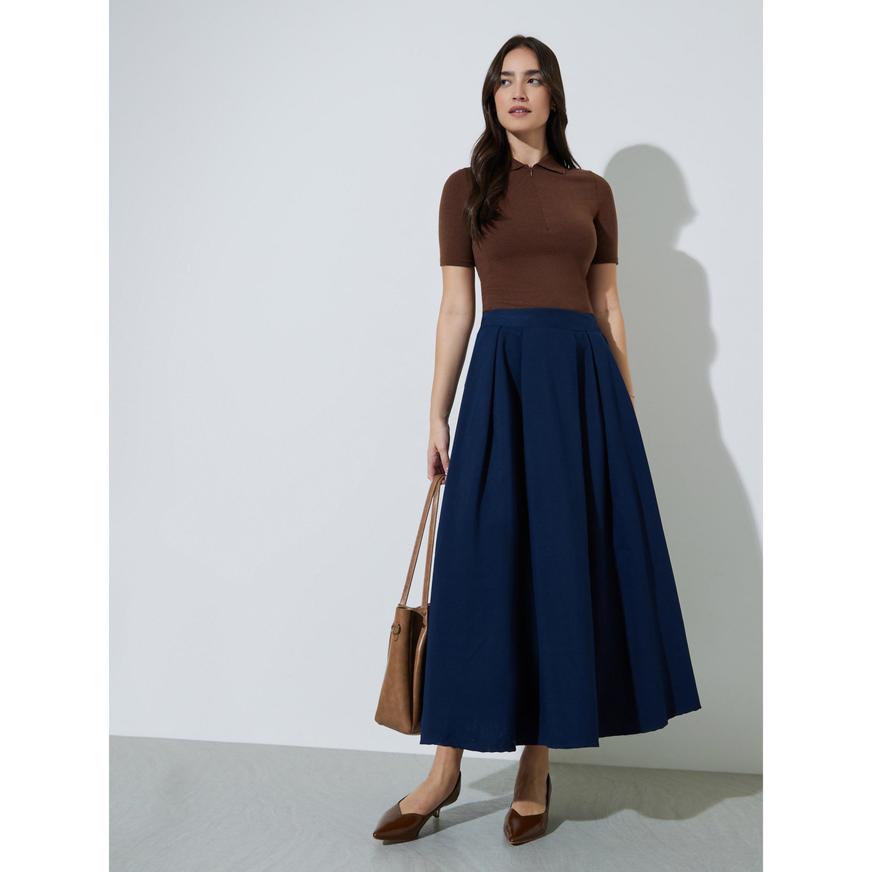 Styli Navy Blue Solid Pleated A-Line Maxt Skirt-women-clothing-skirts-image-2