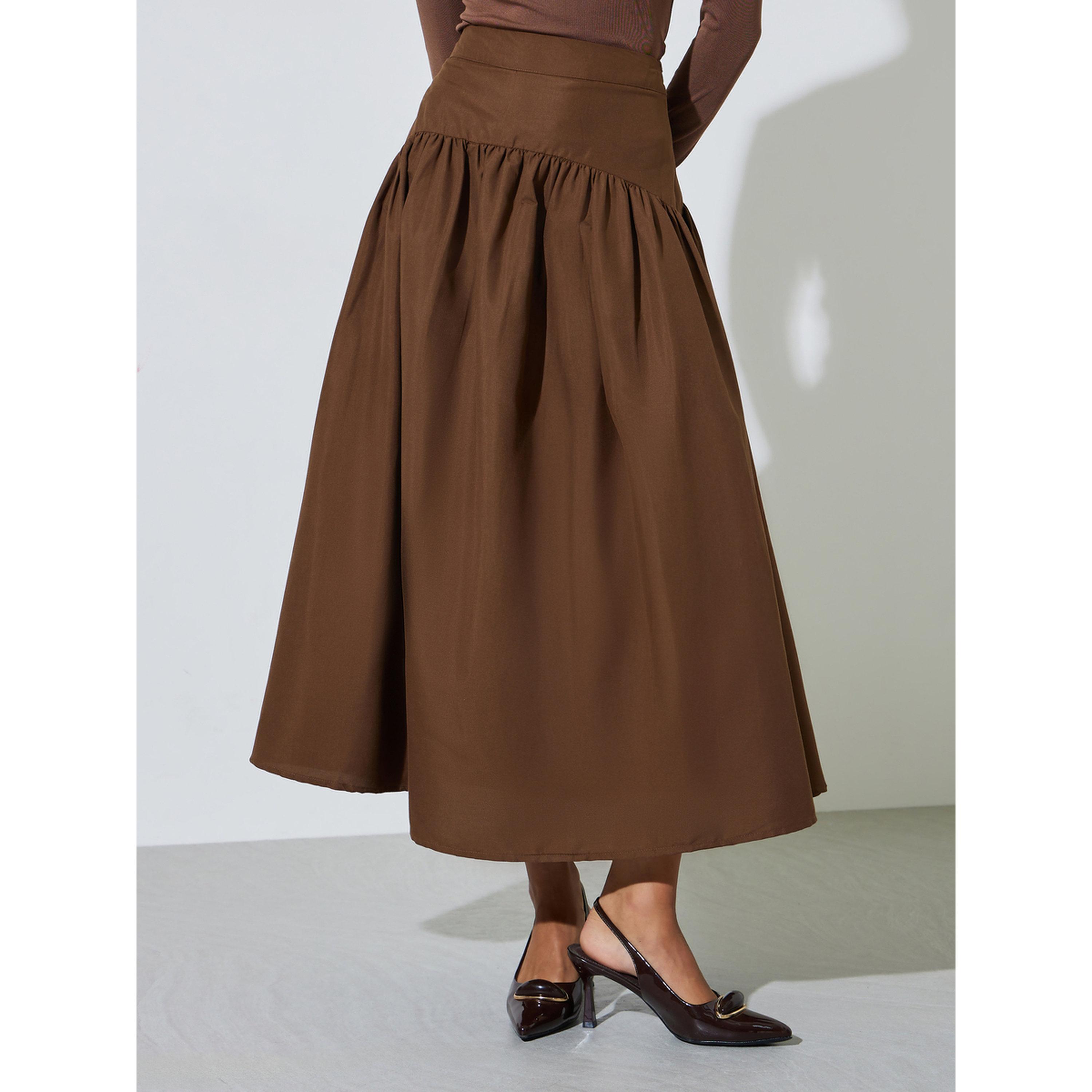 تنورة ميدي واسعة بفتحة جانبية وتفاصيل كشكشة وجزء علوي-women-clothing-skirts-image-1