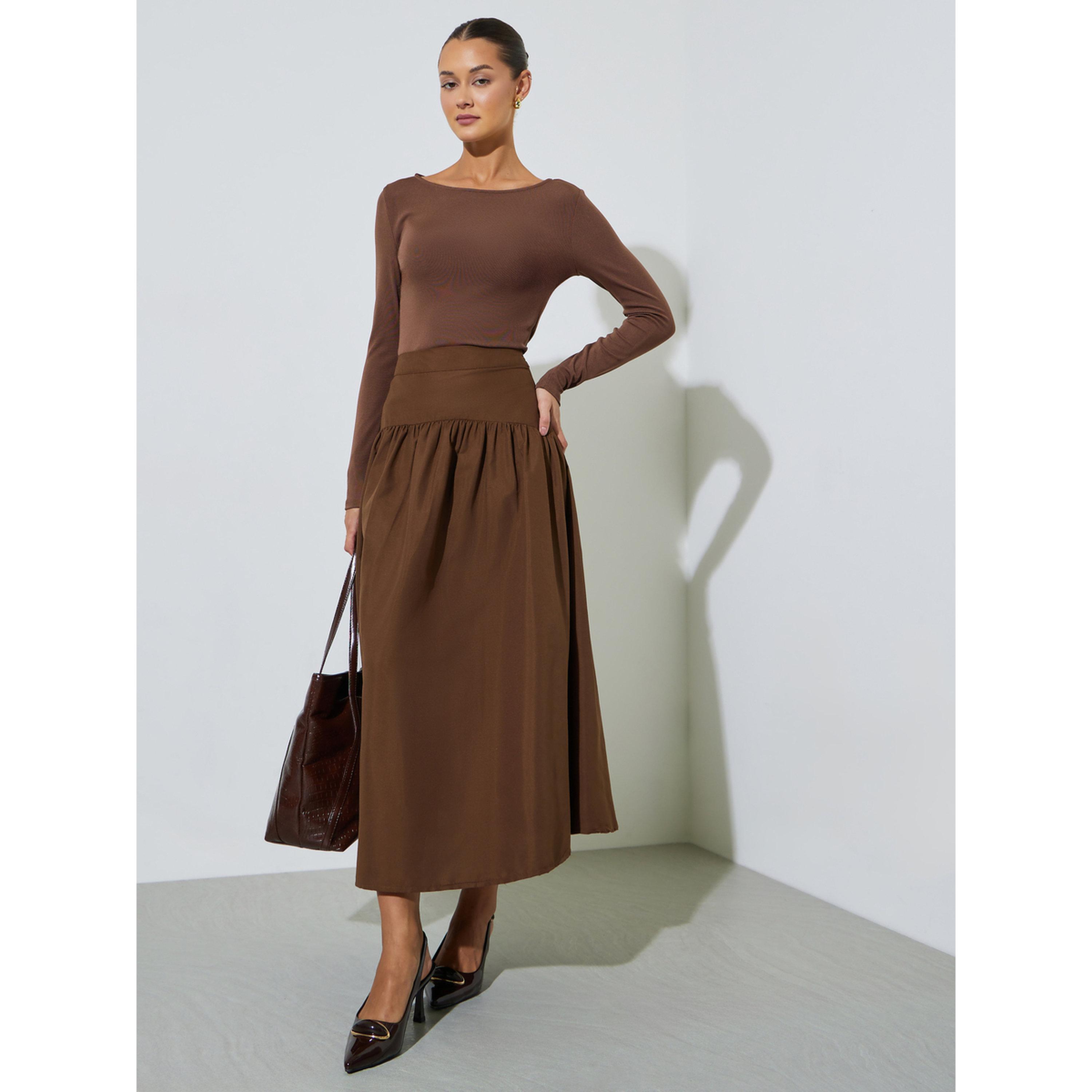 Styli Brown Gathered Flared Midi Skirt with Yoke and Side Seam-women-clothing-skirts-image-2