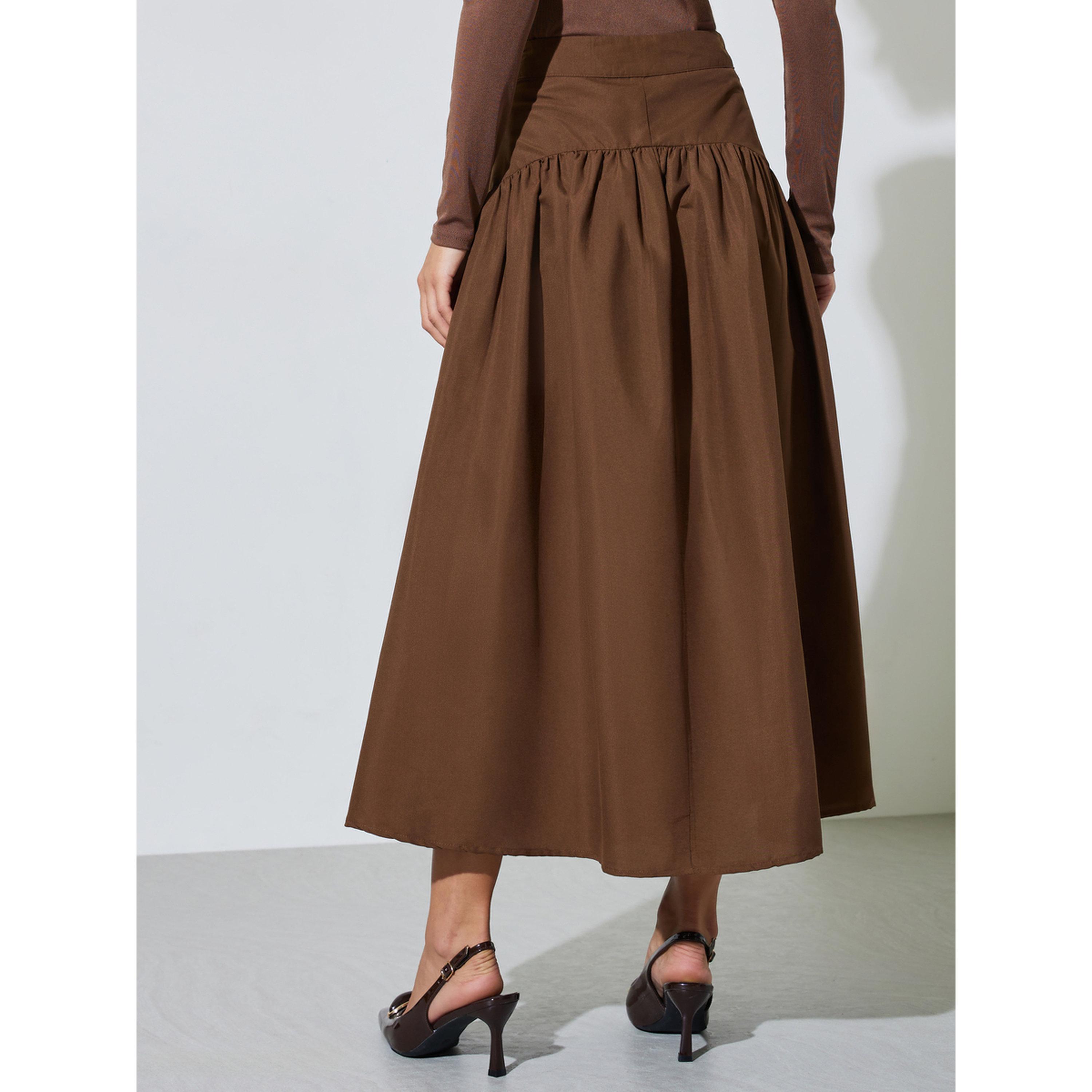 Styli Brown Gathered Flared Midi Skirt with Yoke and Side Seam-women-clothing-skirts-image-4