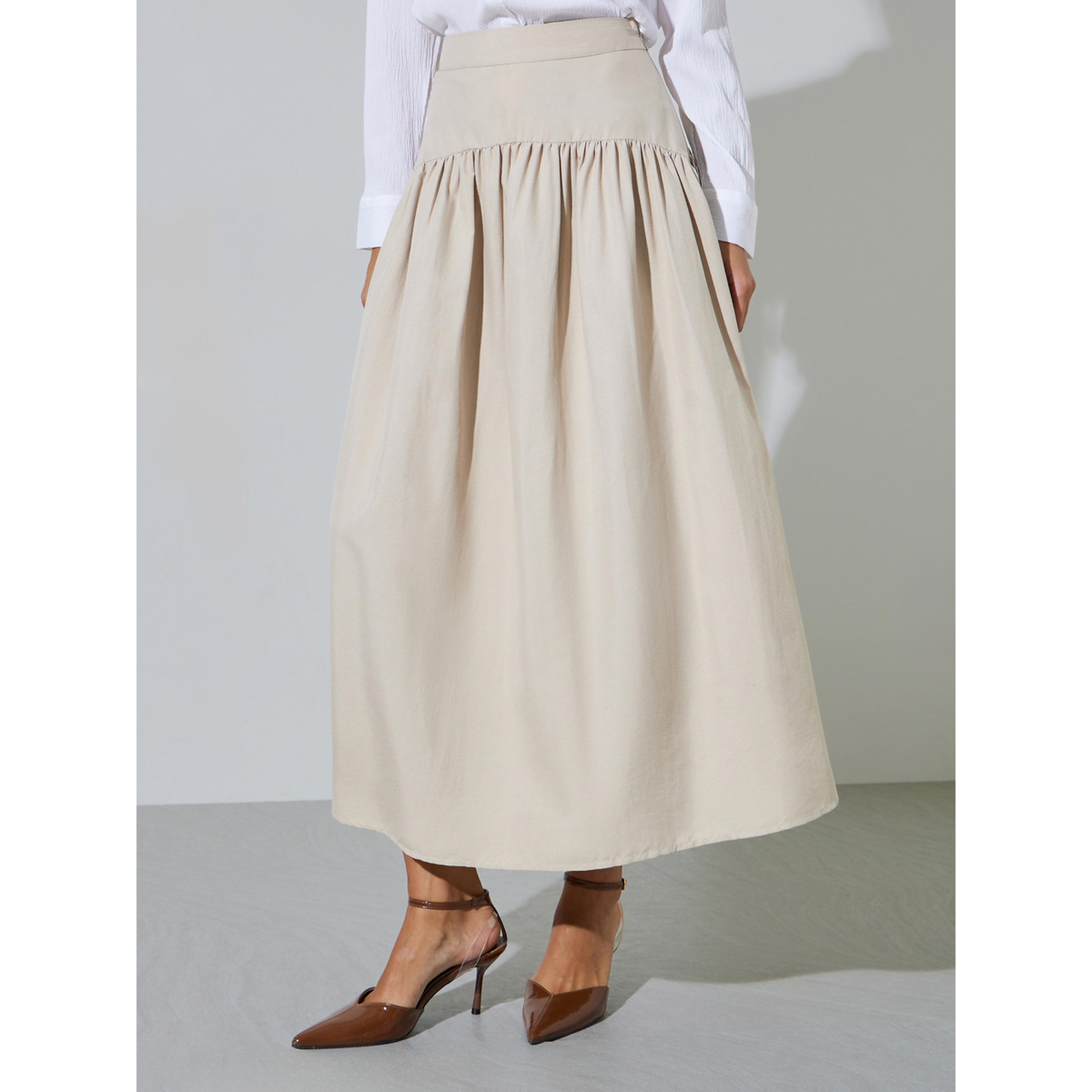 تنورة ميدي واسعة بفتحة جانبية وتفاصيل كشكشة وجزء علوي-women-clothing-skirts-image-1