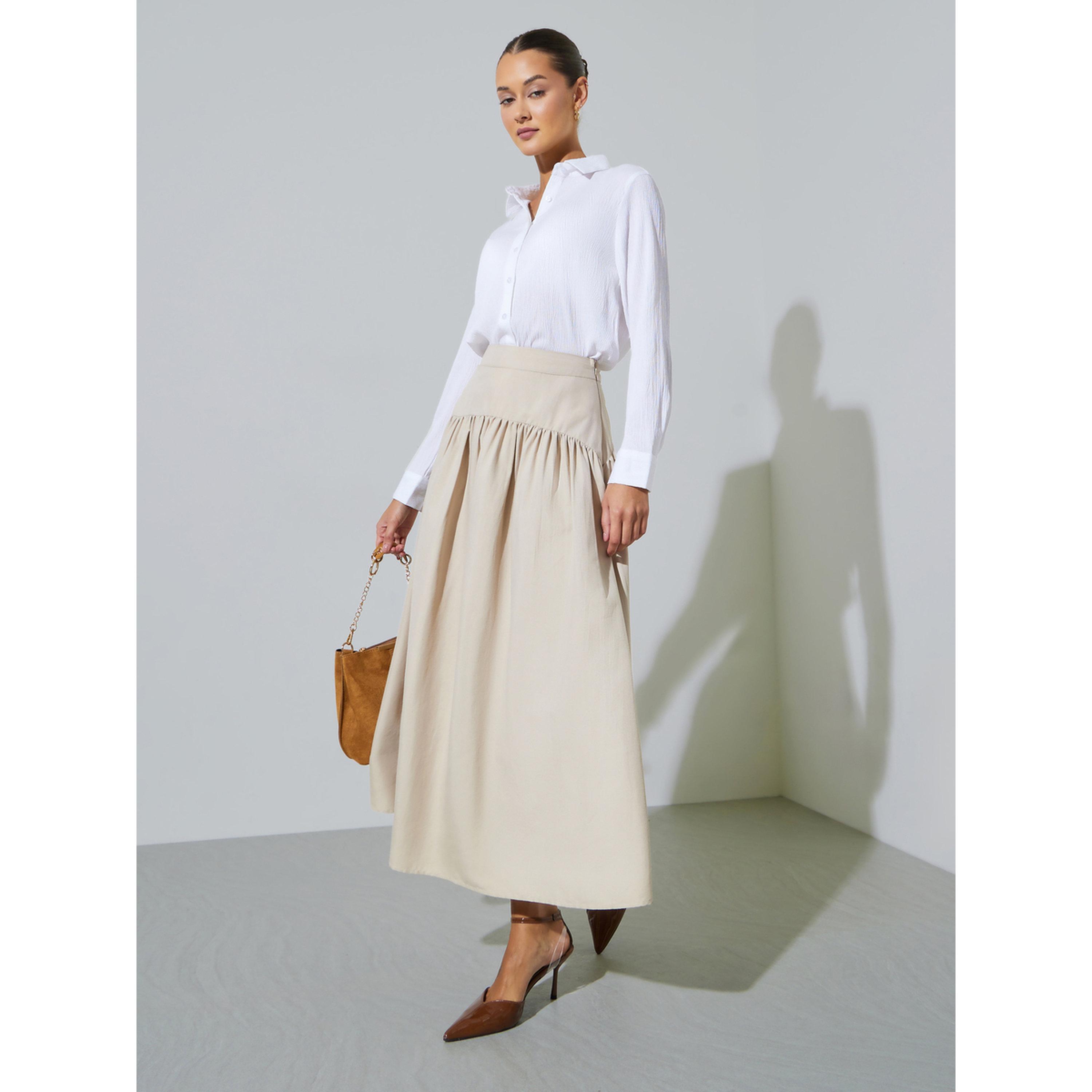 تنورة ميدي واسعة بفتحة جانبية وتفاصيل كشكشة وجزء علوي-women-clothing-skirts-image-5