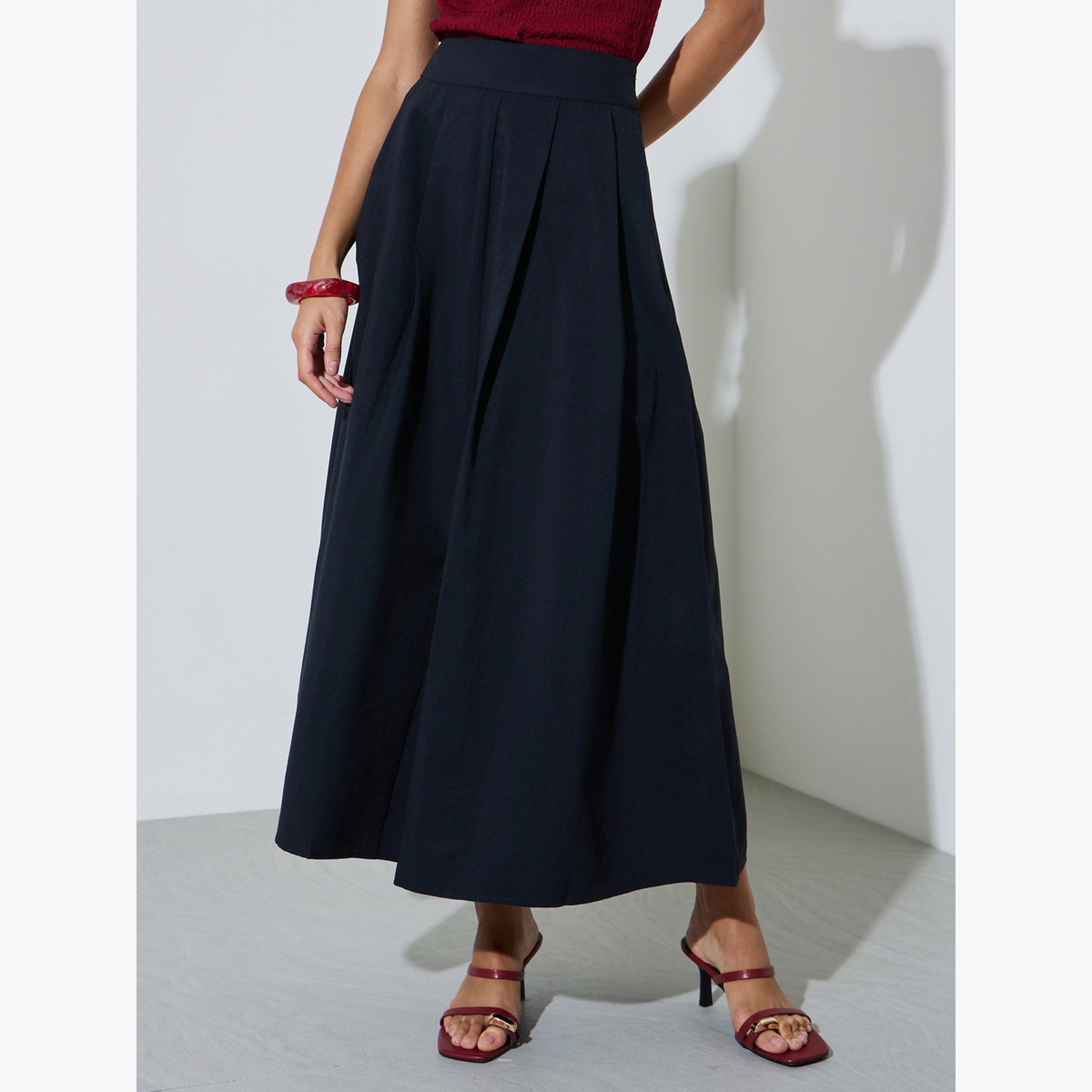 Styli Black Knife Pleated A-Line Maxi Skirt-women-clothing-bottoms-skirts-image-1