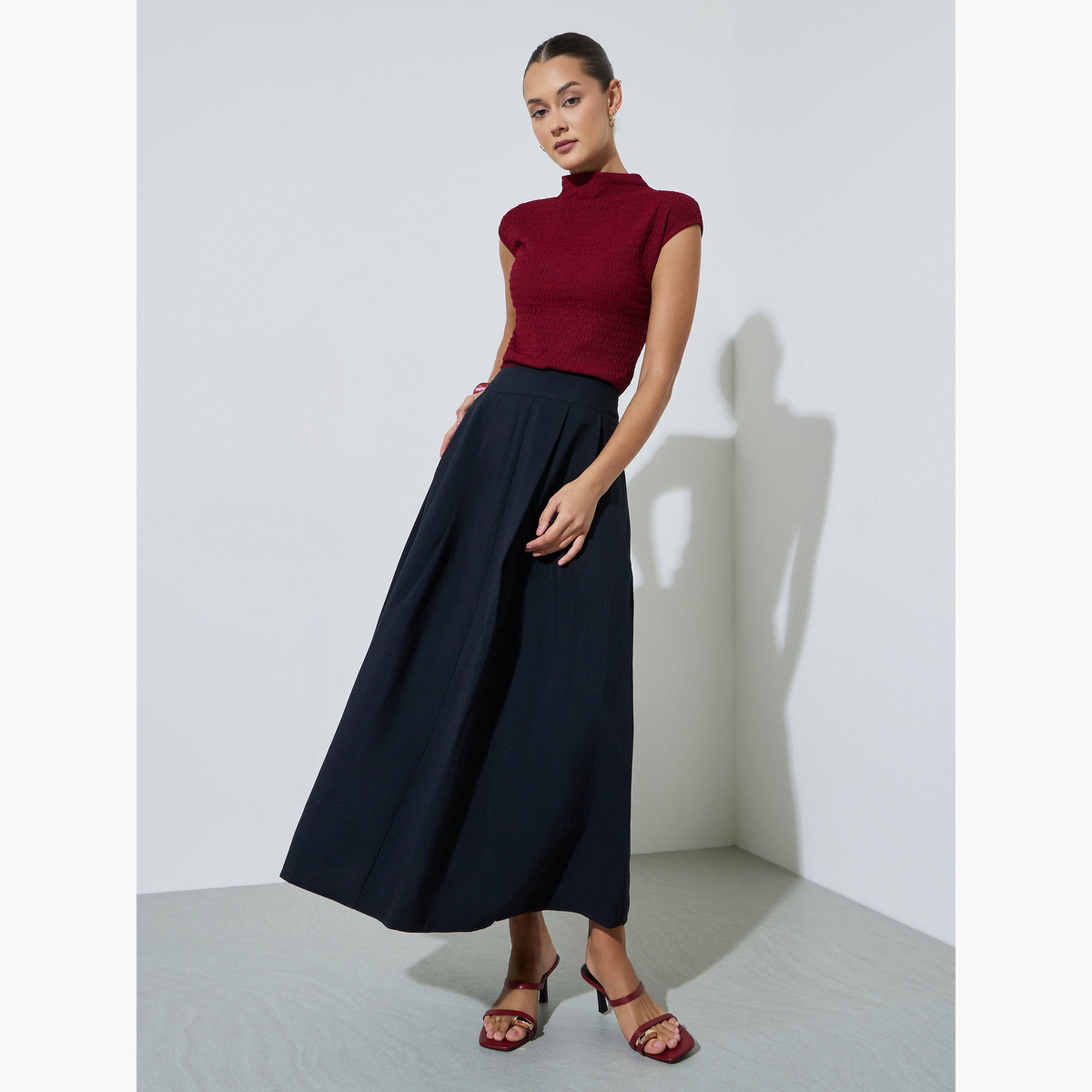 Styli Black Knife Pleated A-Line Maxi Skirt-women-clothing-bottoms-skirts-image-2