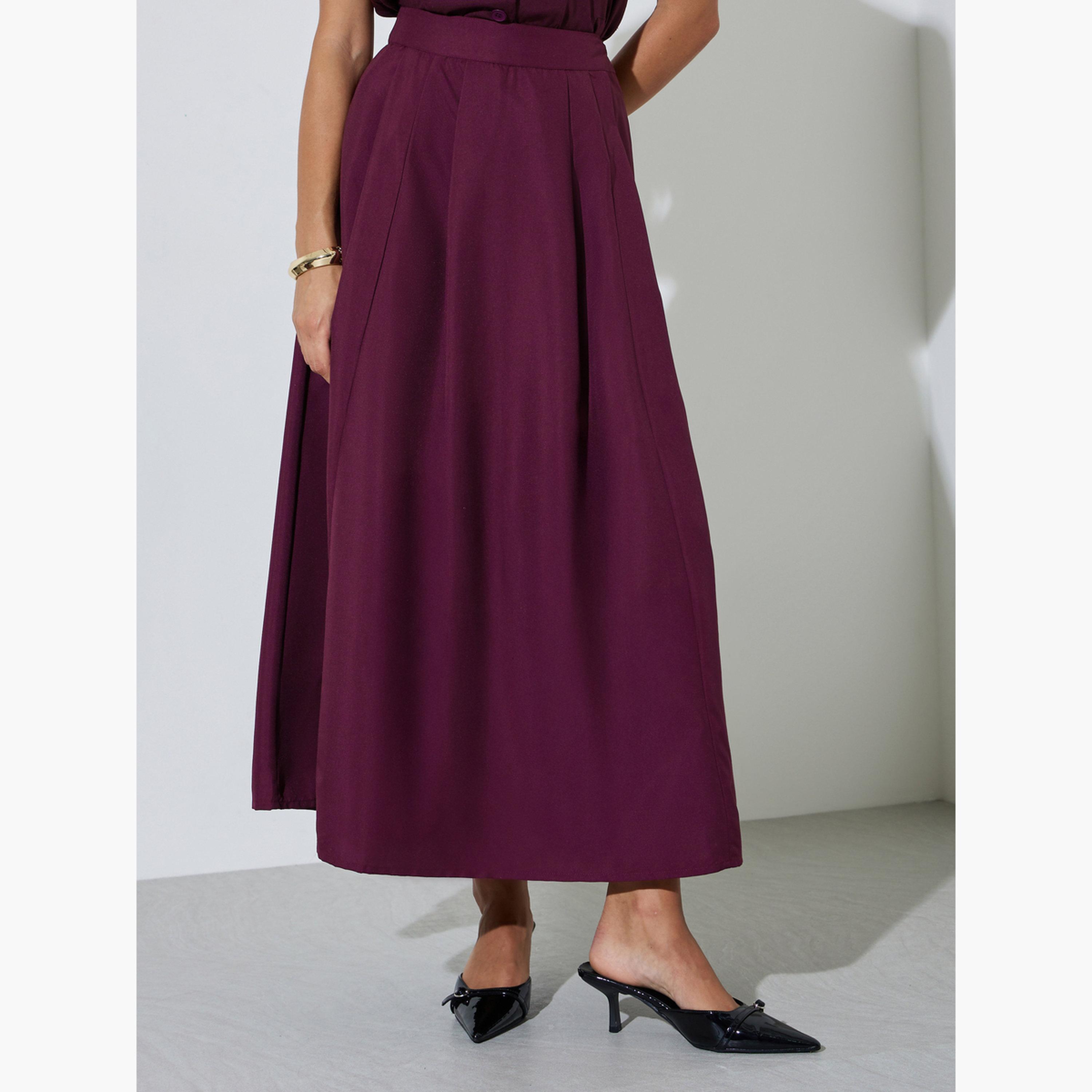 Styli Burgundy Knife Pleated A-Line Maxi Skirt-women-clothing-bottoms-skirts-image-1
