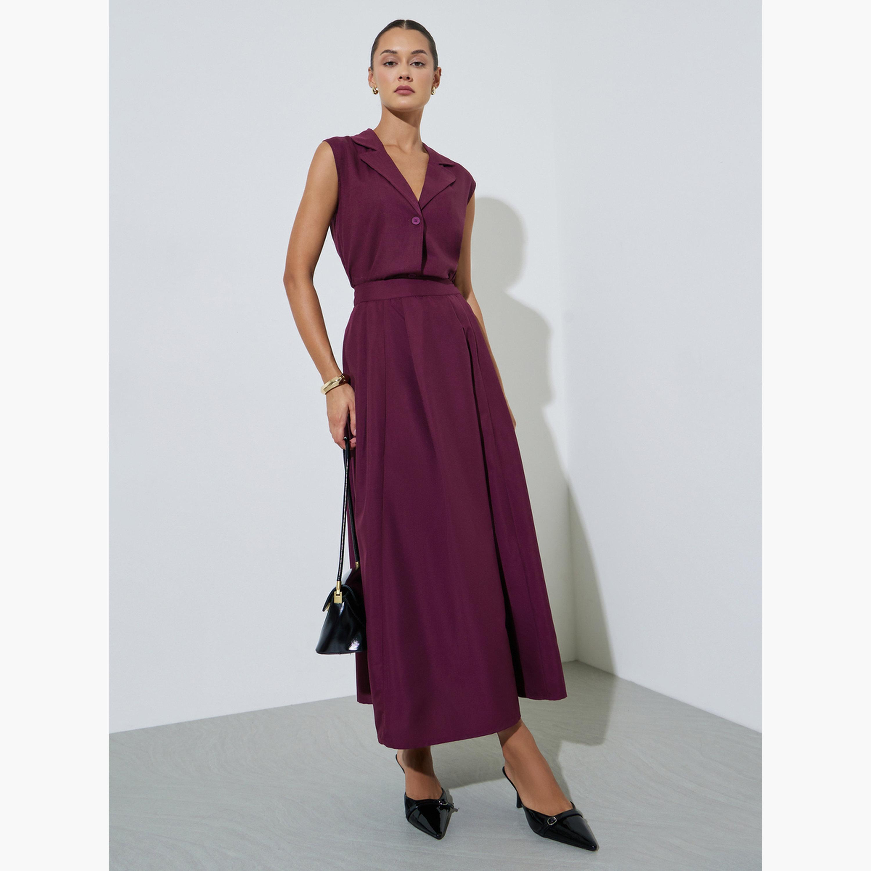 Styli Burgundy Knife Pleated A-Line Maxi Skirt-women-clothing-bottoms-skirts-image-2