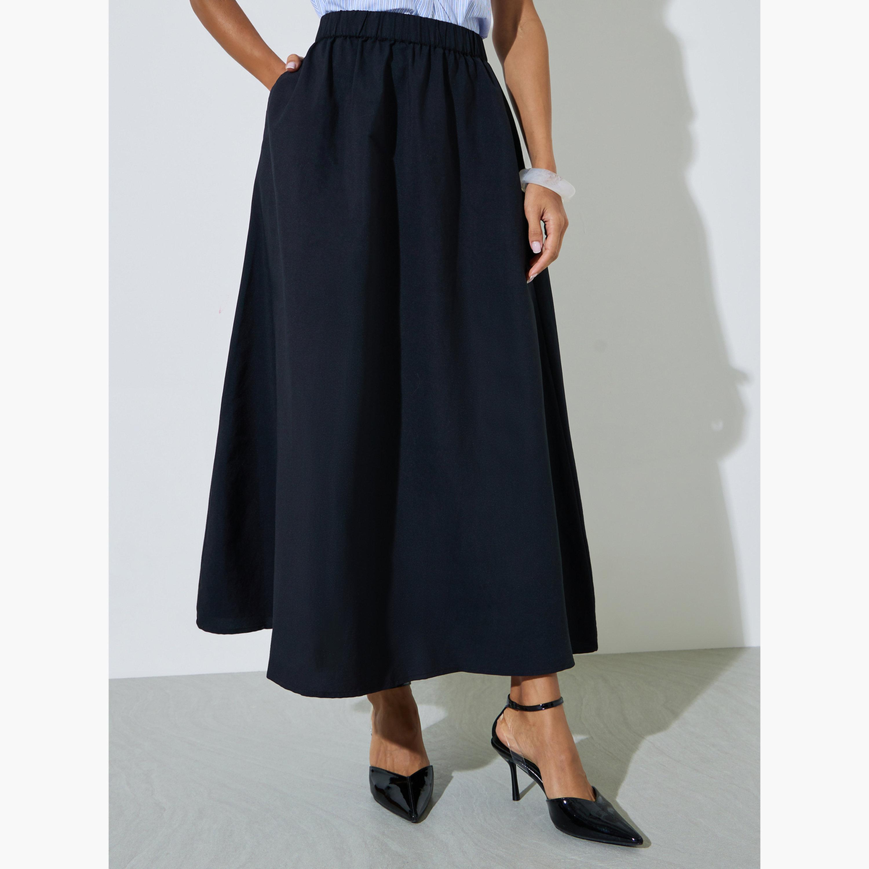Styli Black Cotton A-Line Maxi Skirt with Elastic Waist-women-clothing-bottoms-skirts-image-1