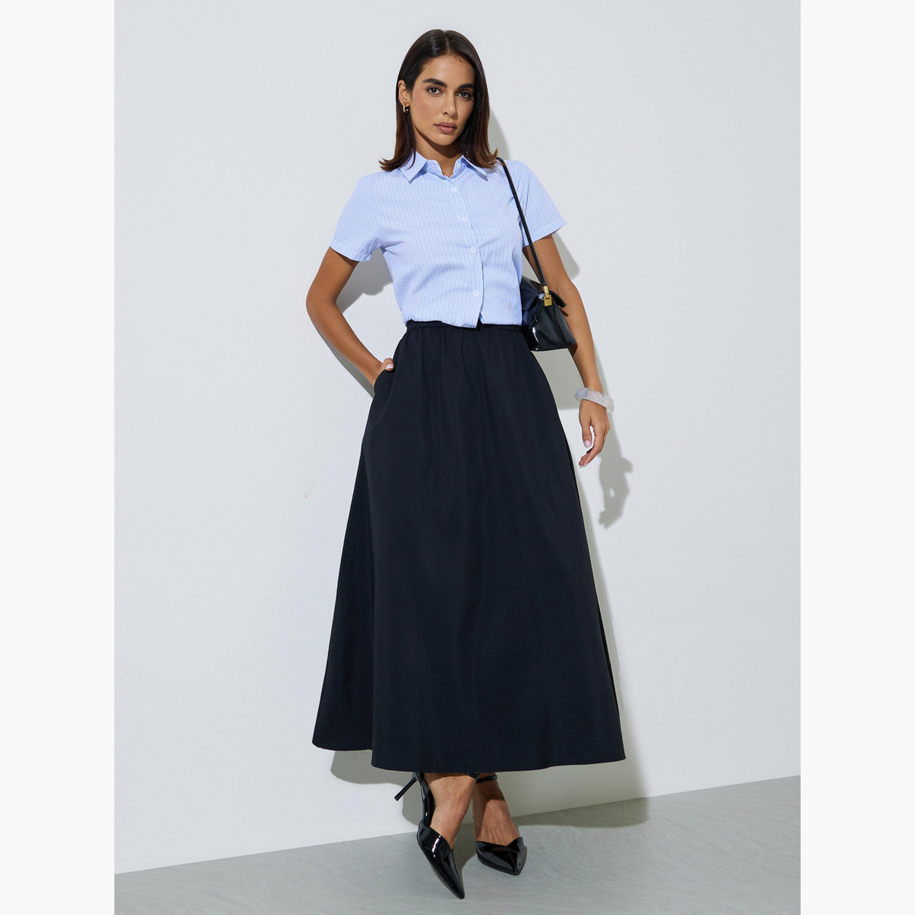 Styli Black Cotton A-Line Maxi Skirt with Elastic Waist-women-clothing-bottoms-skirts-image-2