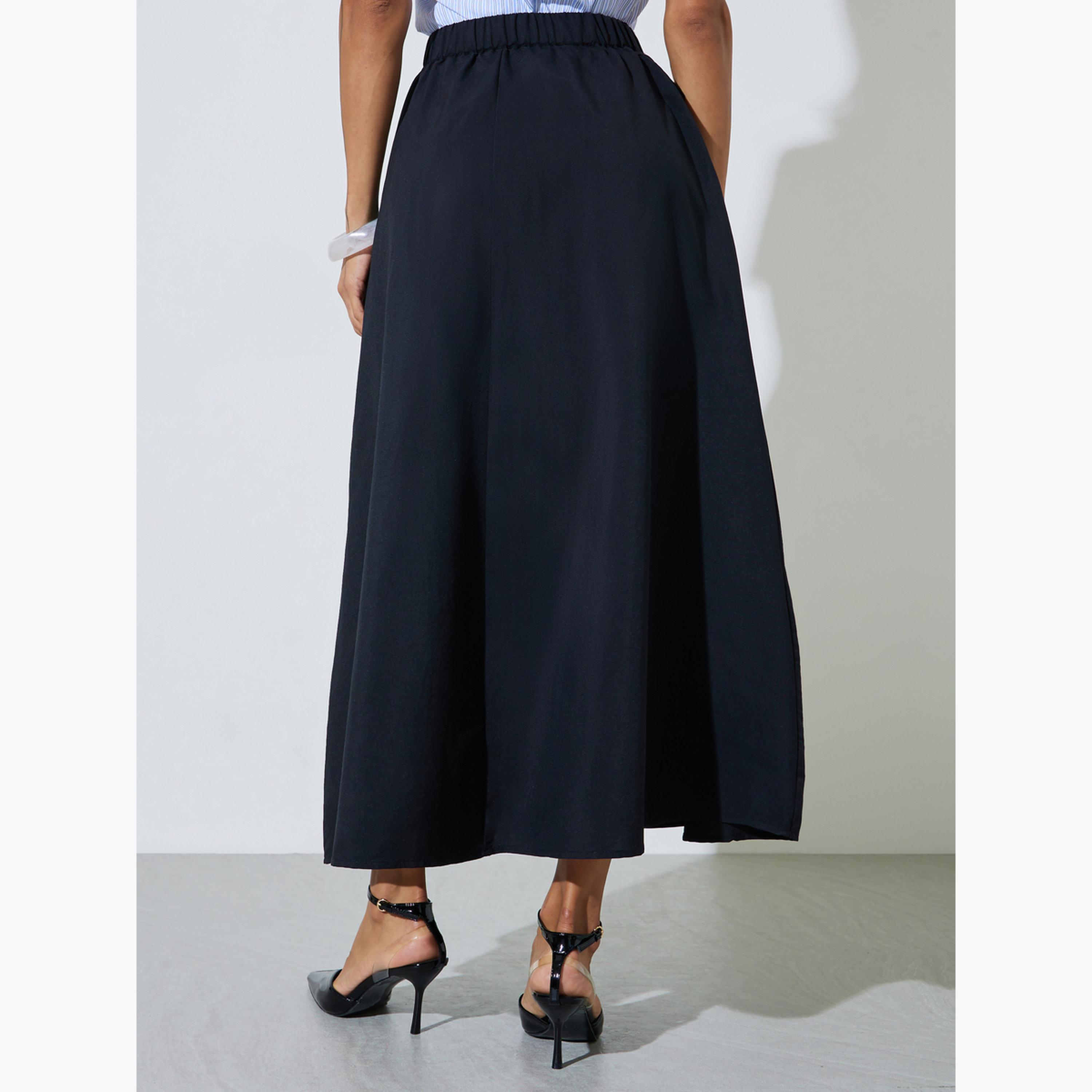 Styli Black Cotton A-Line Maxi Skirt with Elastic Waist-women-clothing-bottoms-skirts-image-4