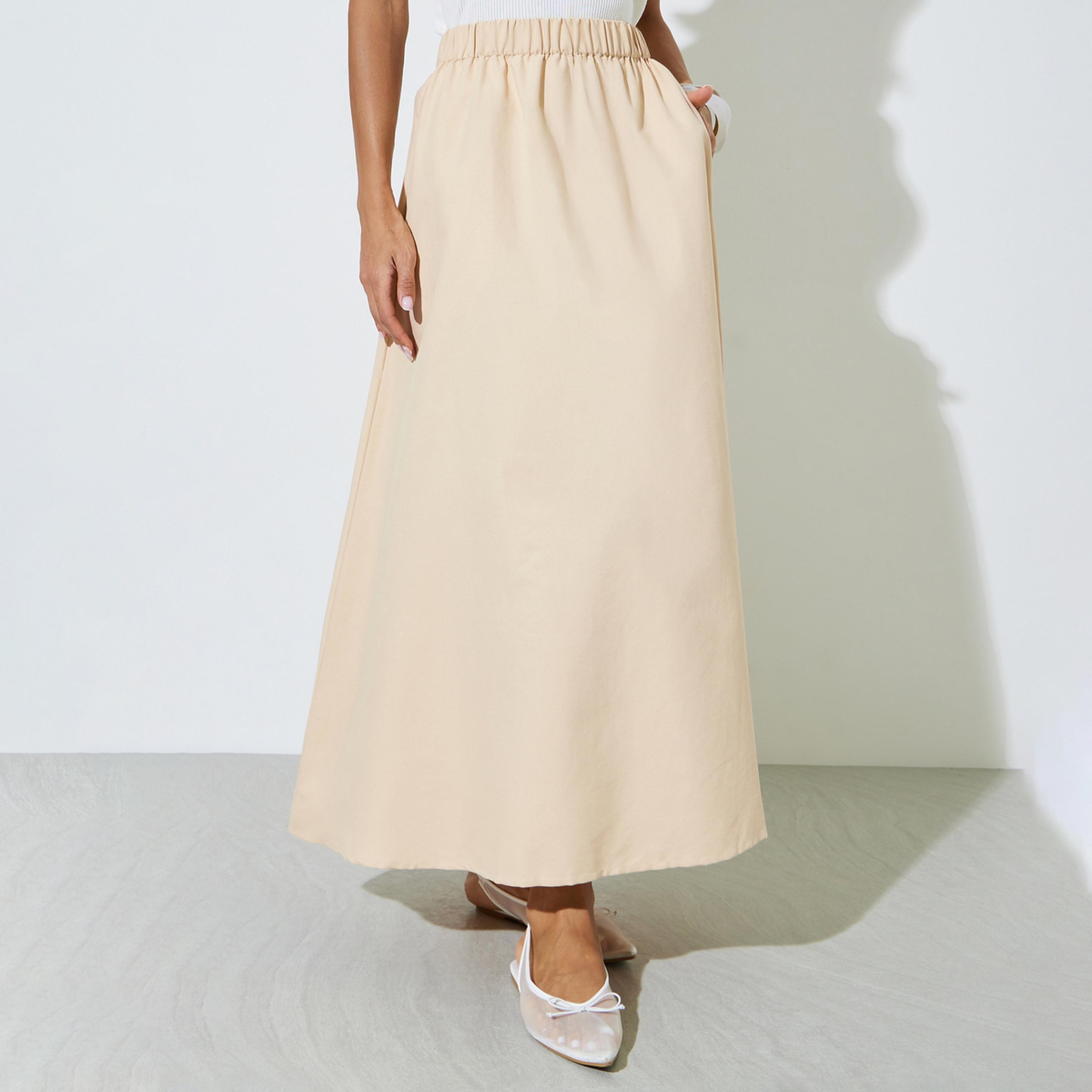 Styli Beige Cotton A-Line Maxi Skirt with Elastic Waist-women-clothing-bottoms-skirts-image-1