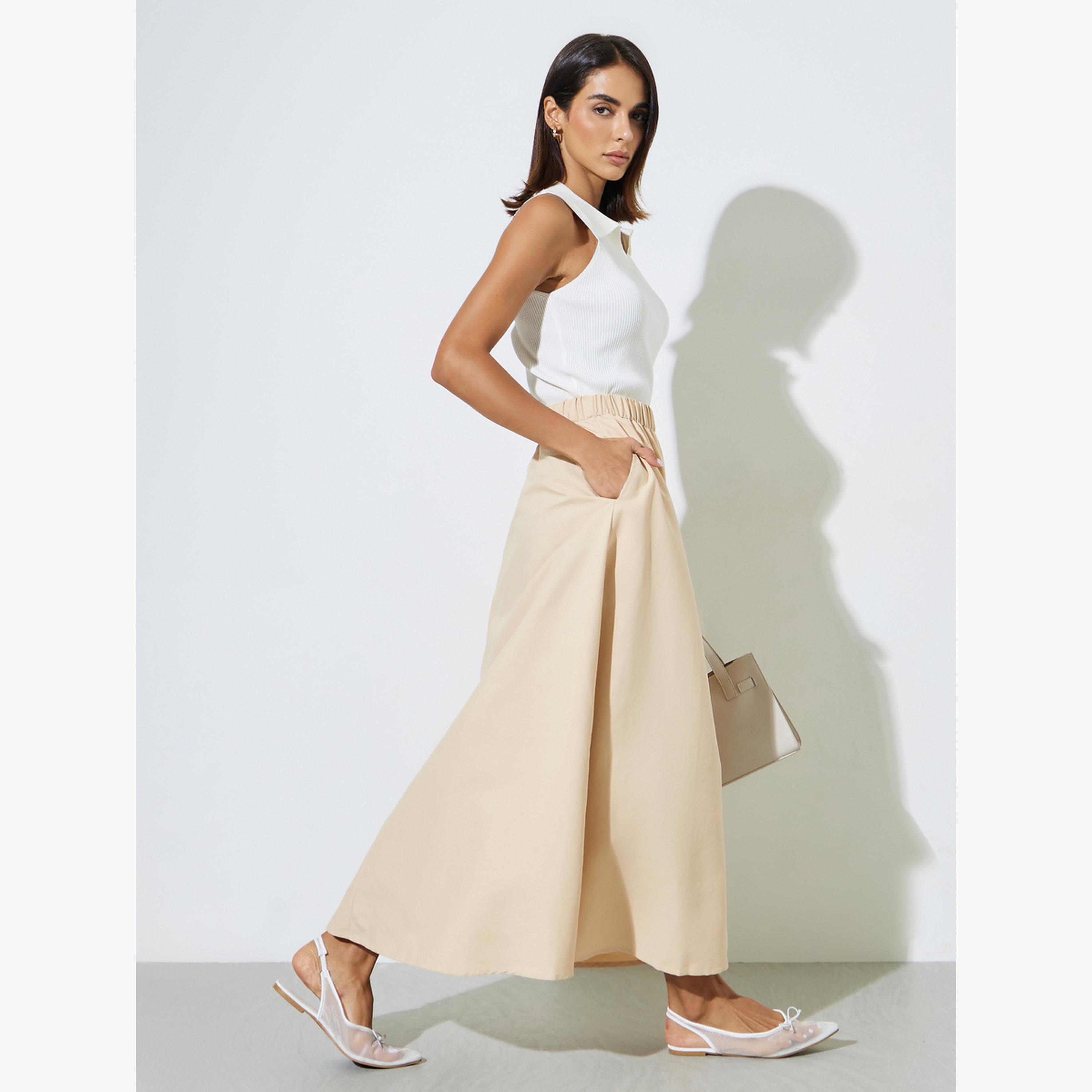 Styli Beige Cotton A-Line Maxi Skirt with Elastic Waist-women-clothing-bottoms-skirts-image-2