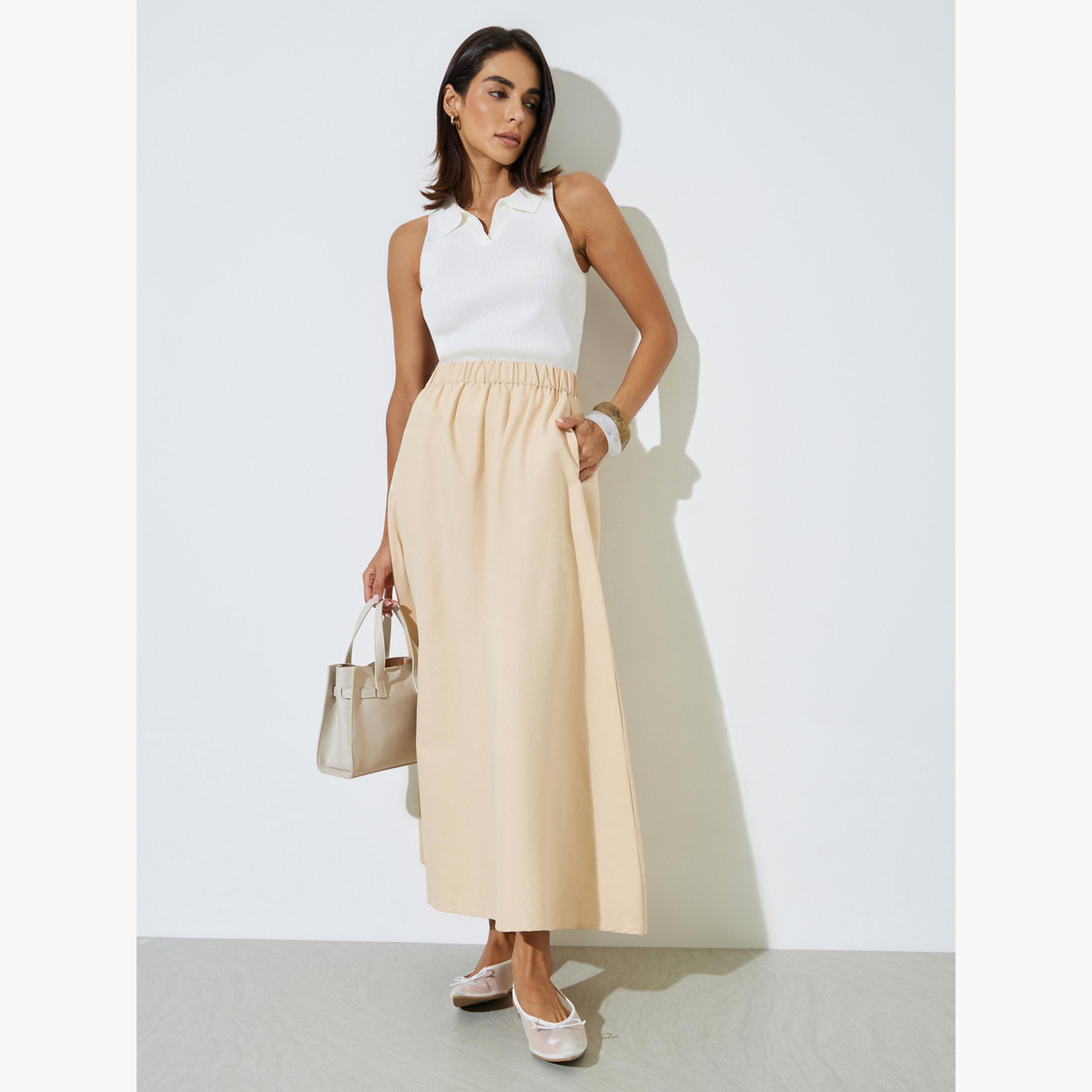 Styli Beige Cotton A-Line Maxi Skirt with Elastic Waist-women-clothing-bottoms-skirts-image-3