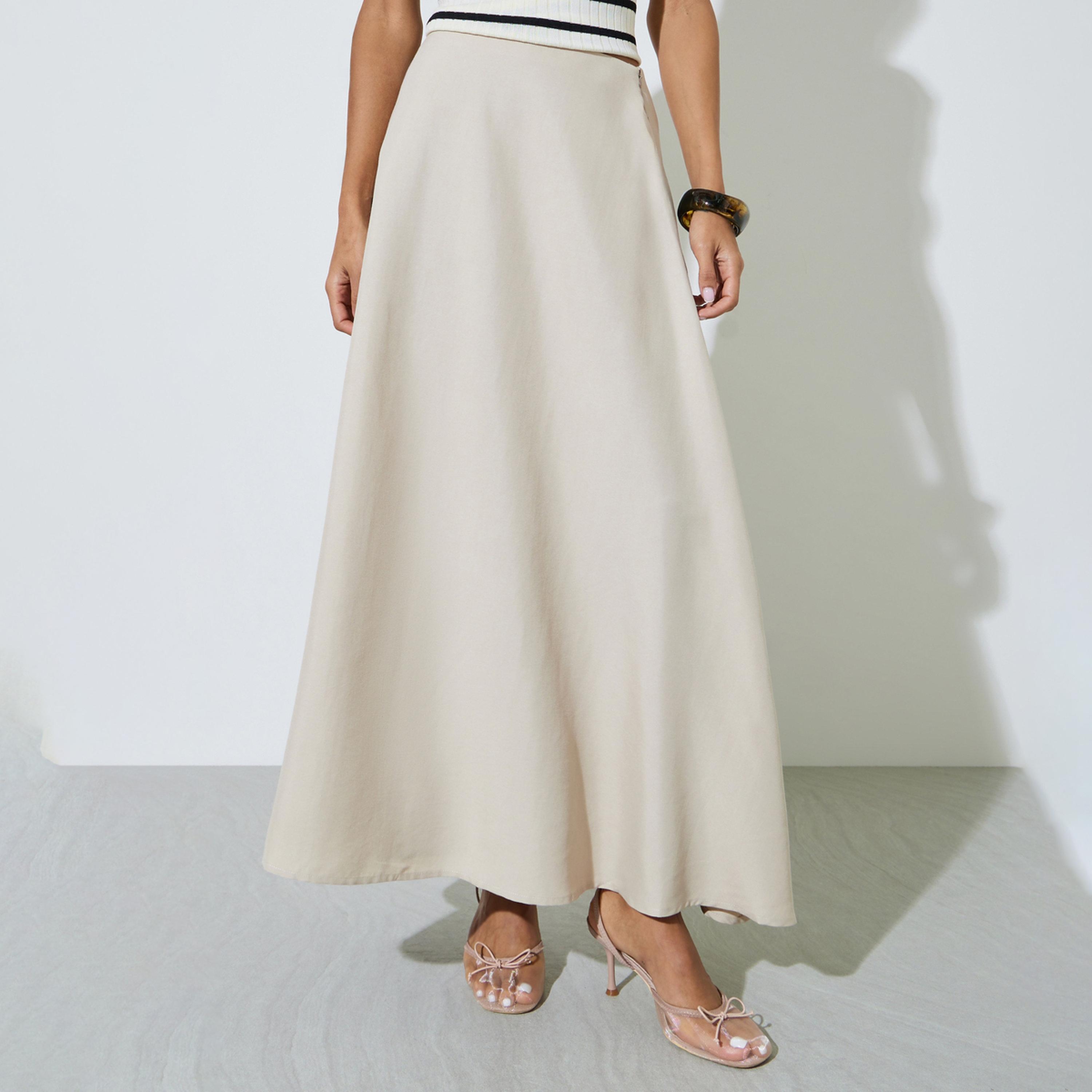 Styli Cream Solid A-Line Maxi Skirt-women-clothing-bottoms-skirts-image-1
