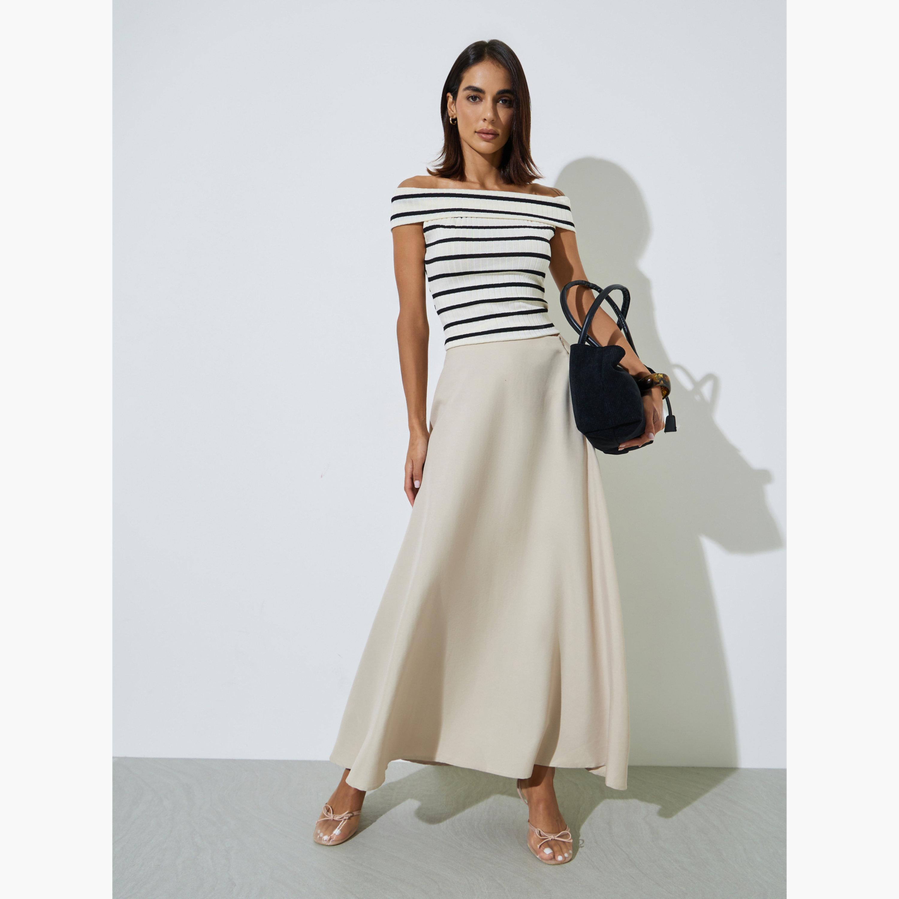 Styli Cream Solid A-Line Maxi Skirt-women-clothing-bottoms-skirts-image-2
