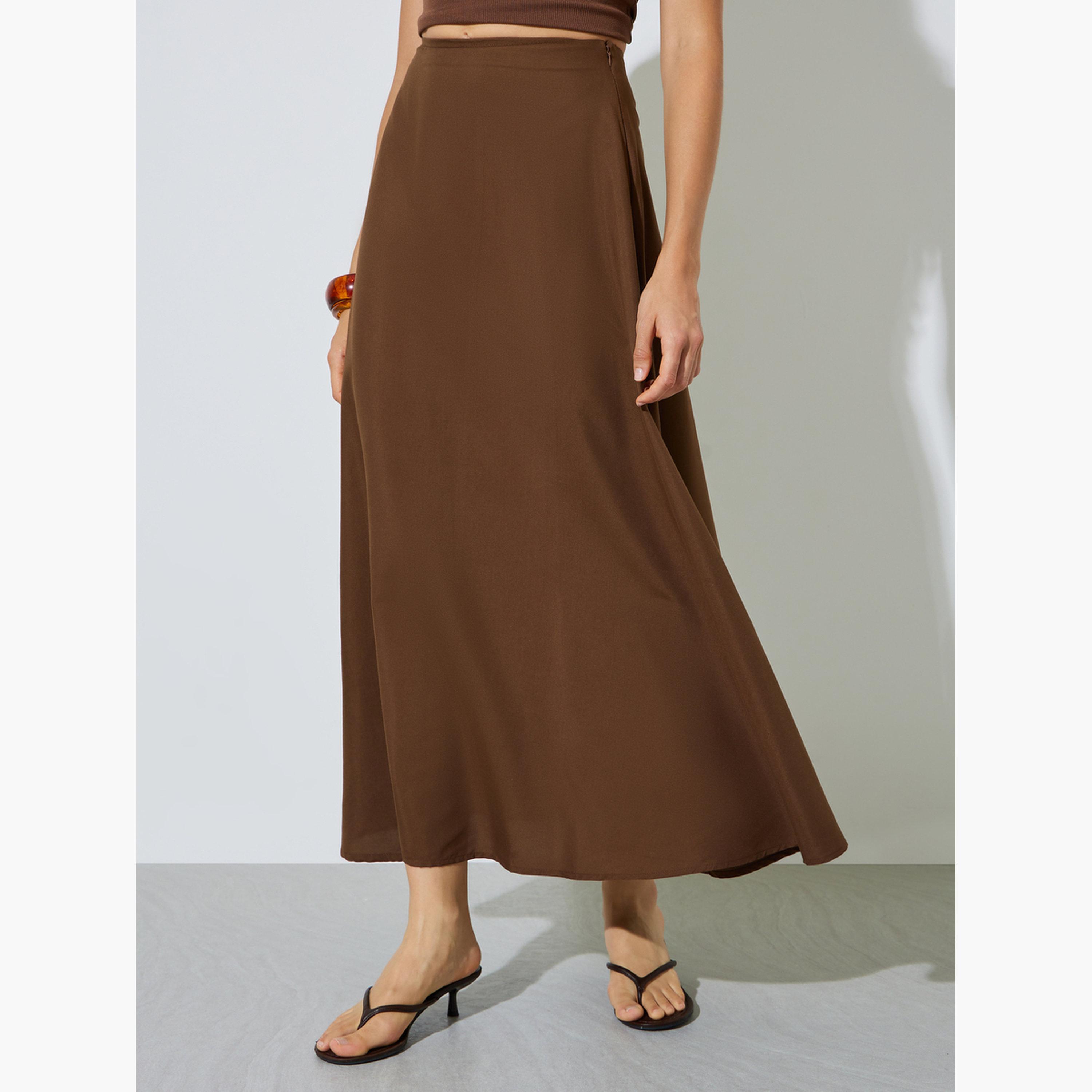 Styli Brown Solid A-Line Maxi Skirt-women-clothing-bottoms-skirts-image-1