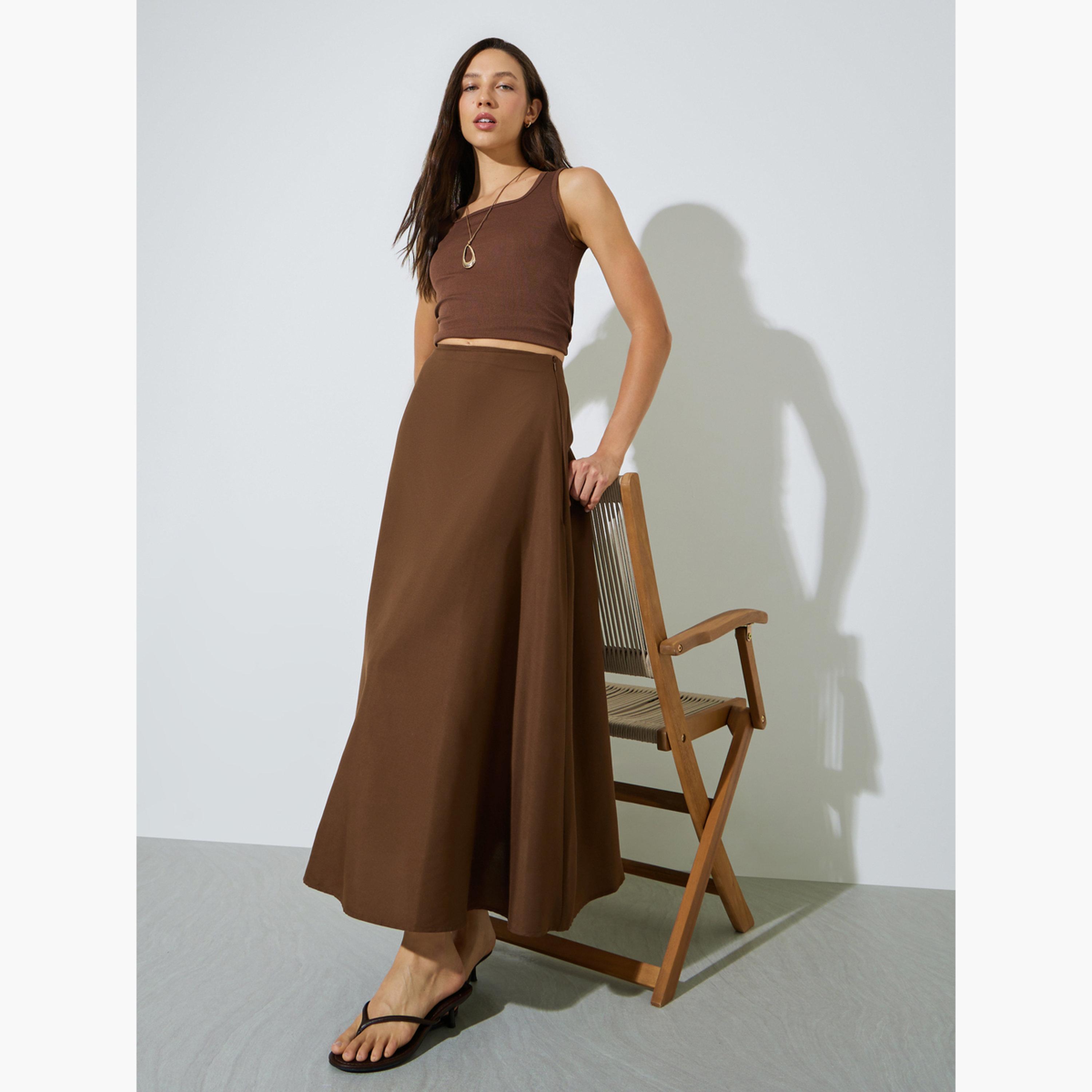 Styli Brown Solid A-Line Maxi Skirt-women-clothing-bottoms-skirts-image-2