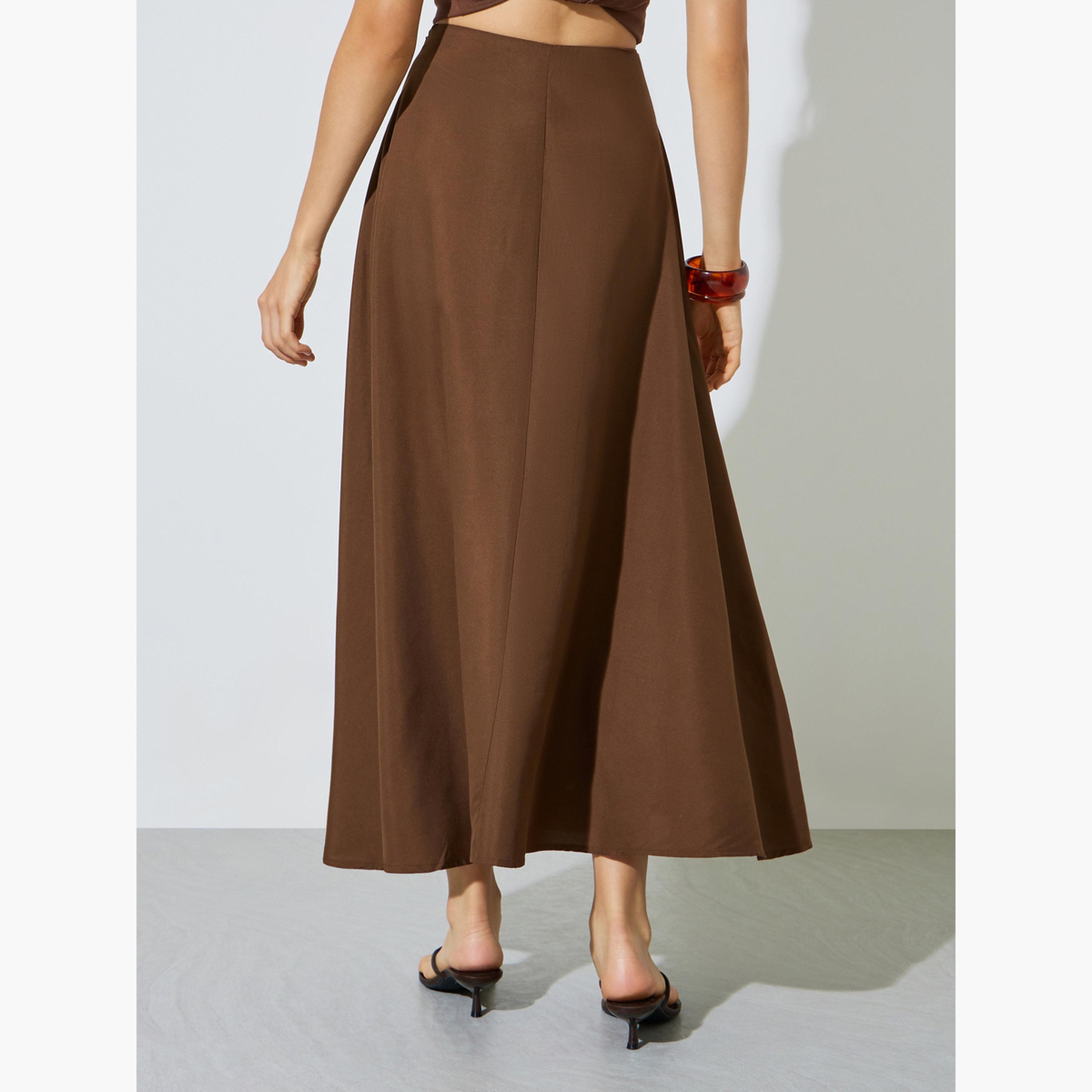 Styli Brown Solid A-Line Maxi Skirt-women-clothing-bottoms-skirts-image-4