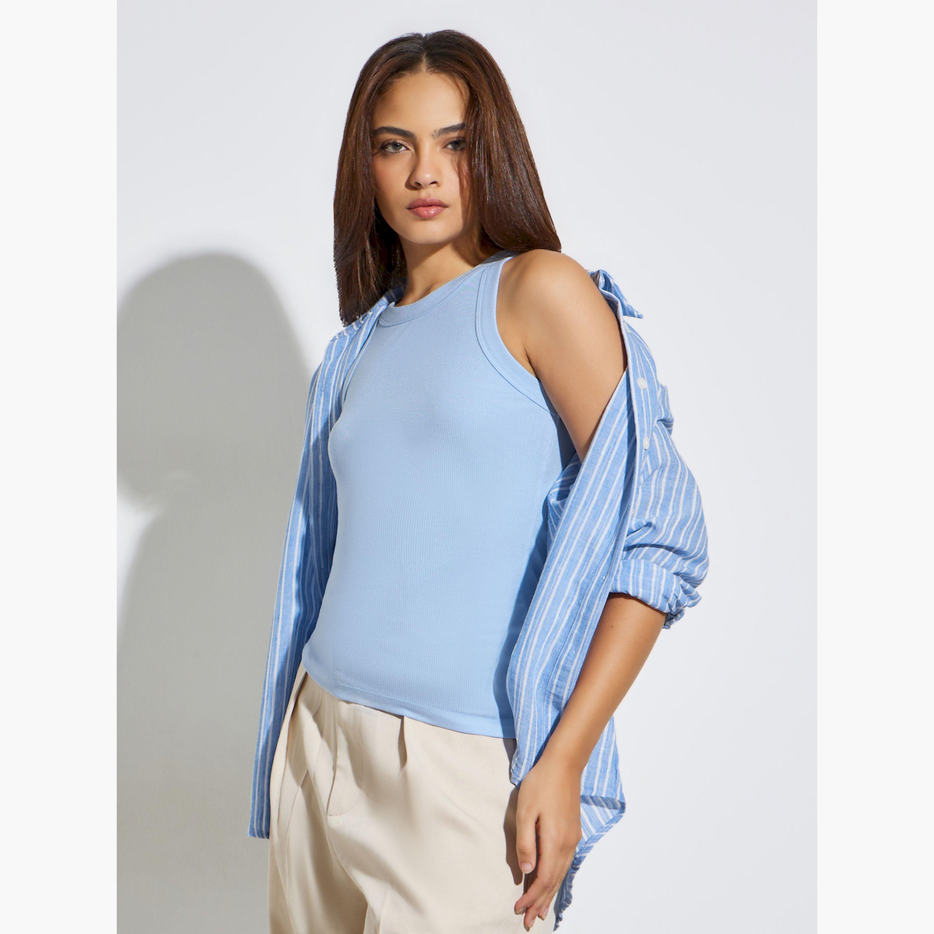 Styli Blue Solid Basic Ribbed Casual Tank-women-clothing-shirtsandblouses-blouses-image-3