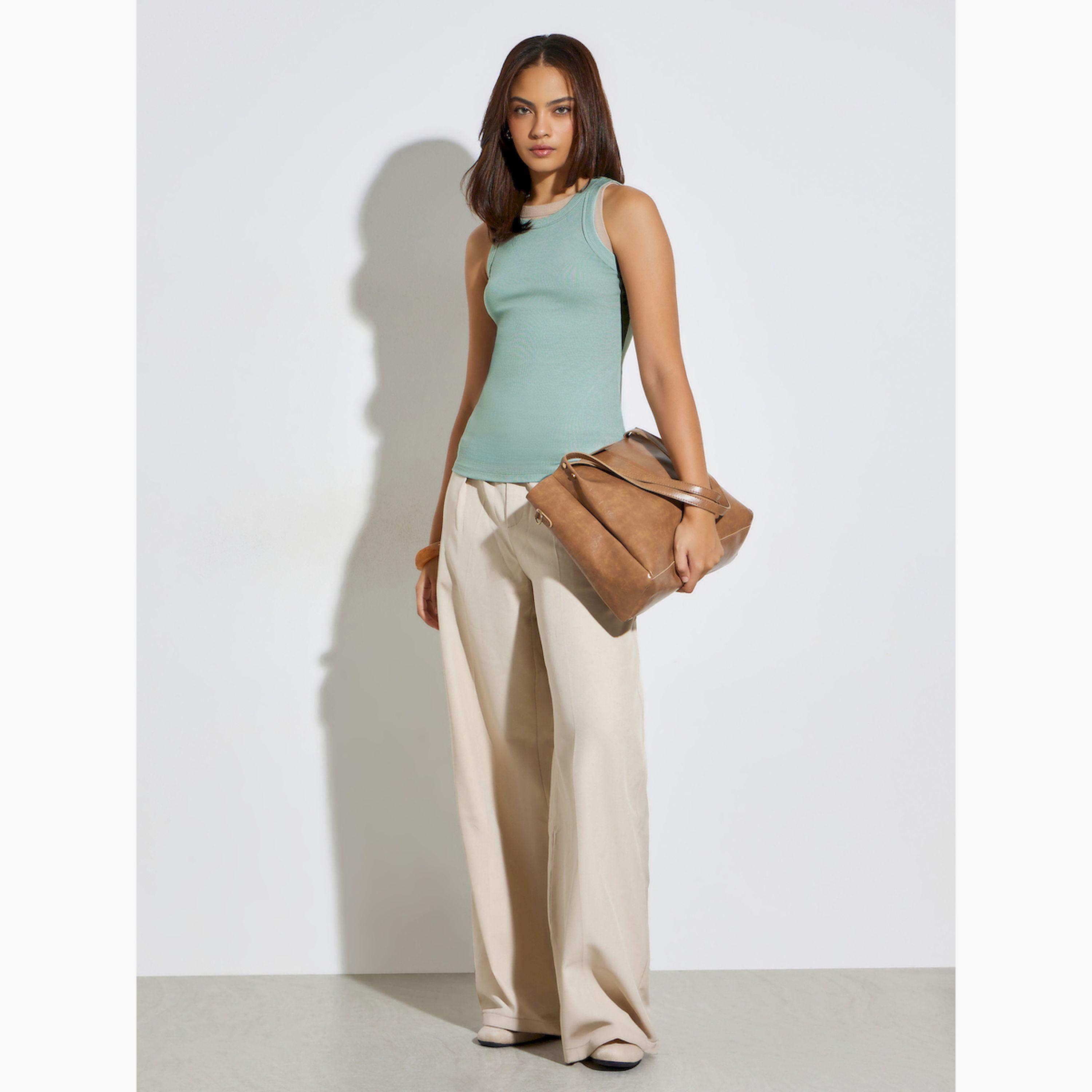 Styli Green Solid Basic Ribbed Casual Tank-women-clothing-shirtsandblouses-blouses-image-2