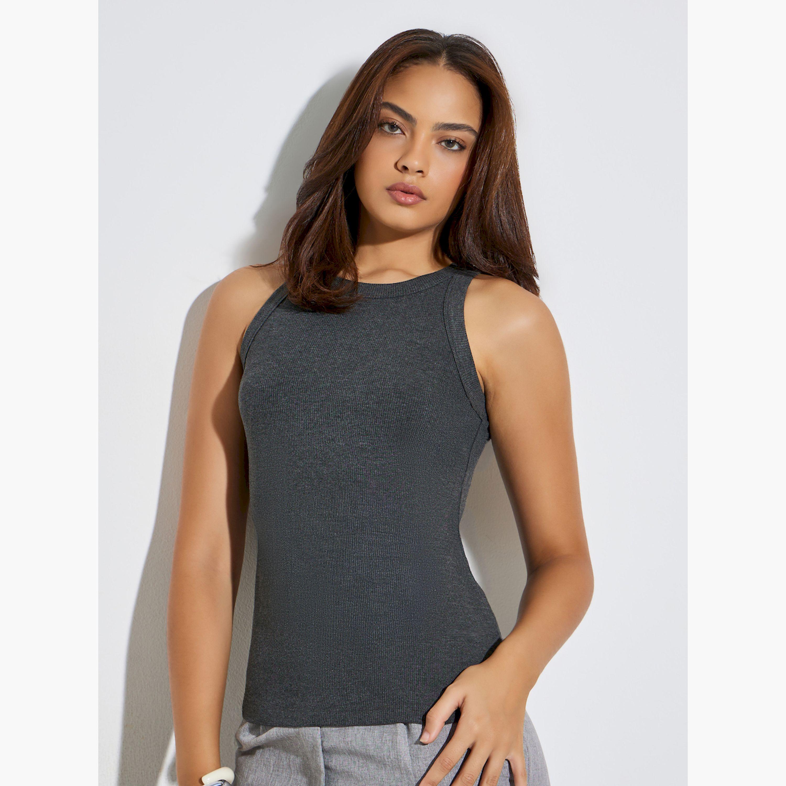 Styli Grey Solid Basic Ribbed Casual Tank-women-clothing-shirtsandblouses-blouses-image-1