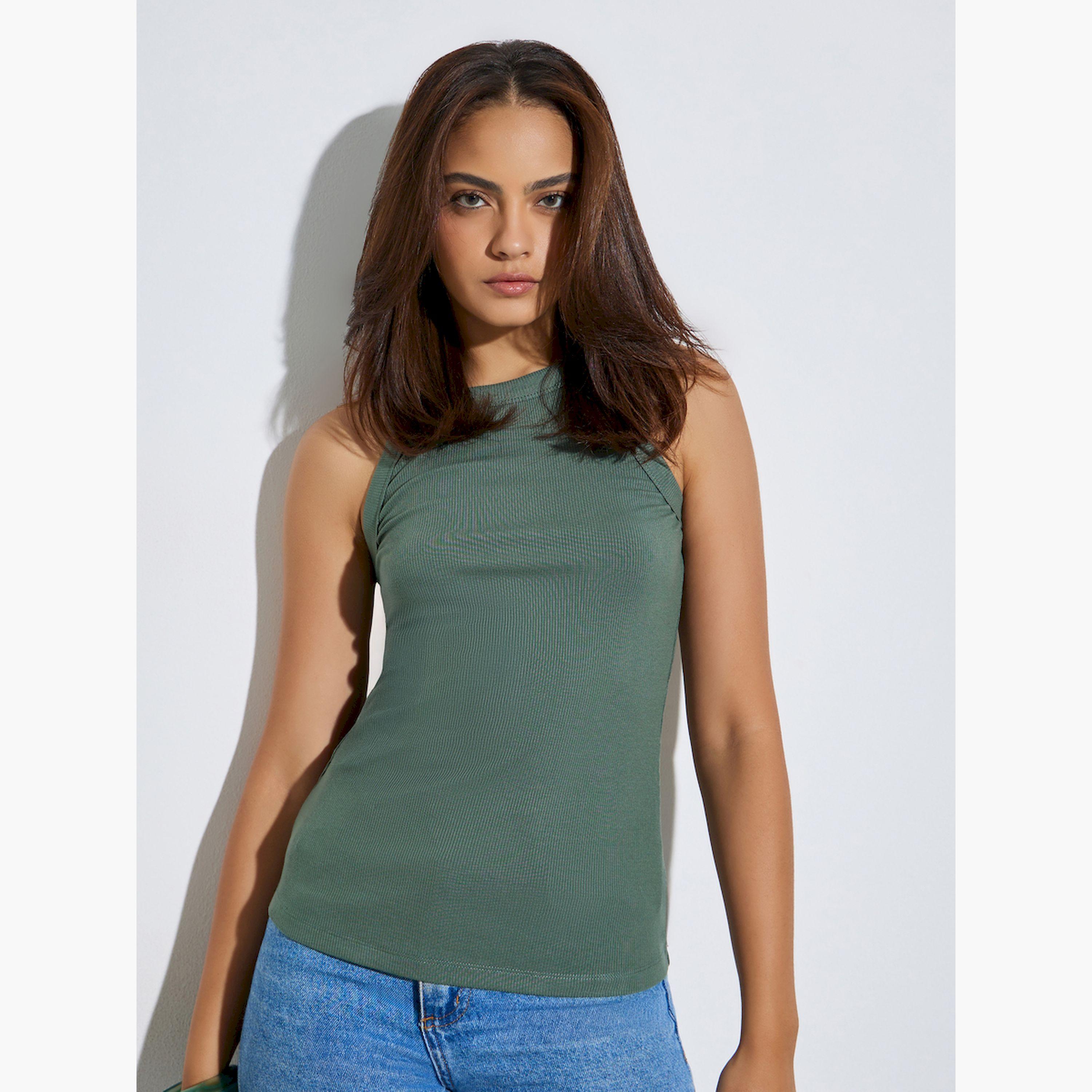 Styli Dark Green Solid Basic Ribbed Casual Tank-women-clothing-shirtsandblouses-blouses-image-1