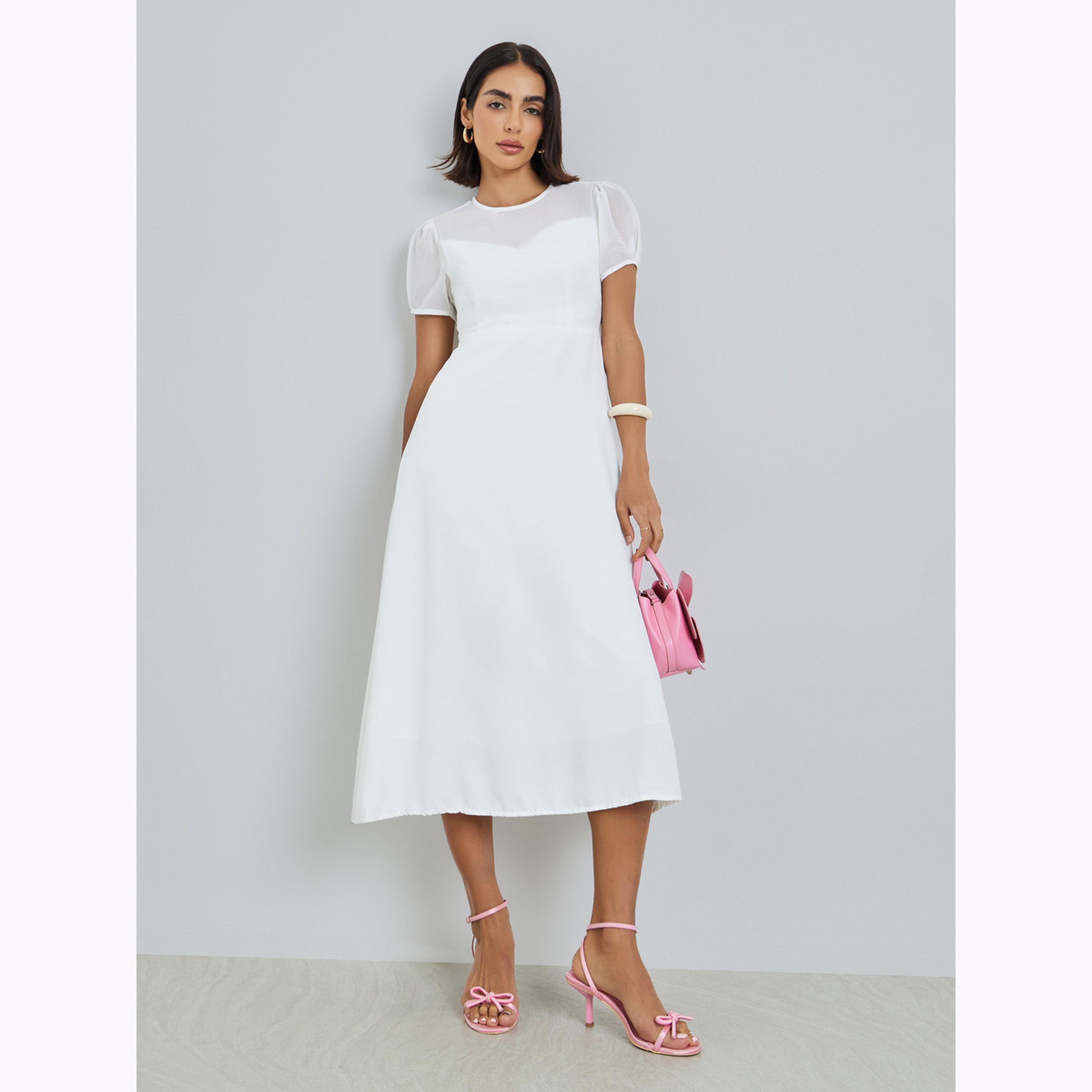 فستان ميدي بحافة واسعة وياقة دائرية-women-clothing-dresses-image-1