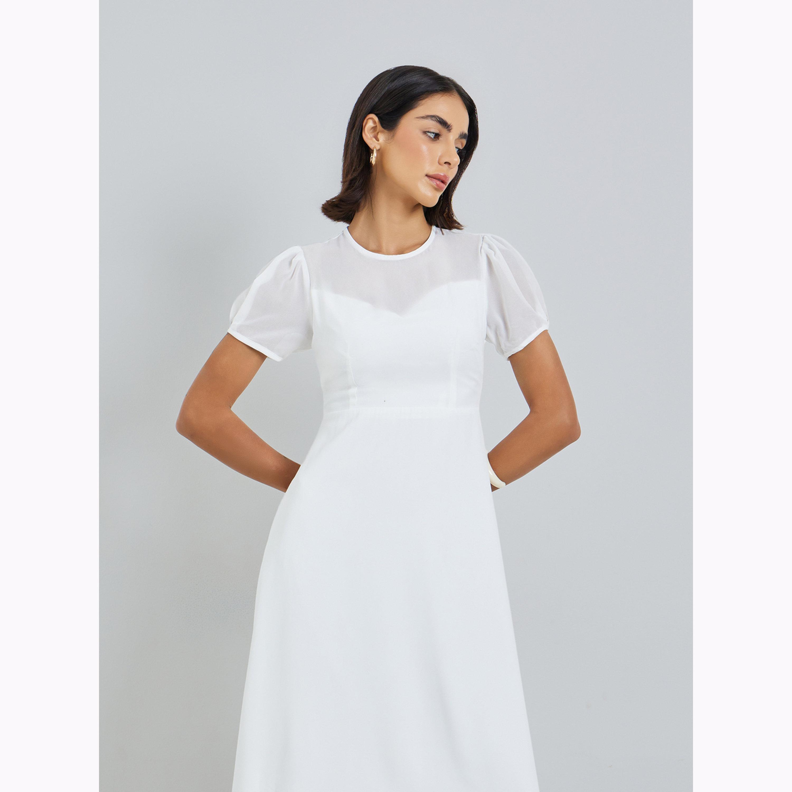 Styli White Round Neck A-Line Midi Dress-women-clothing-dresses-image-2