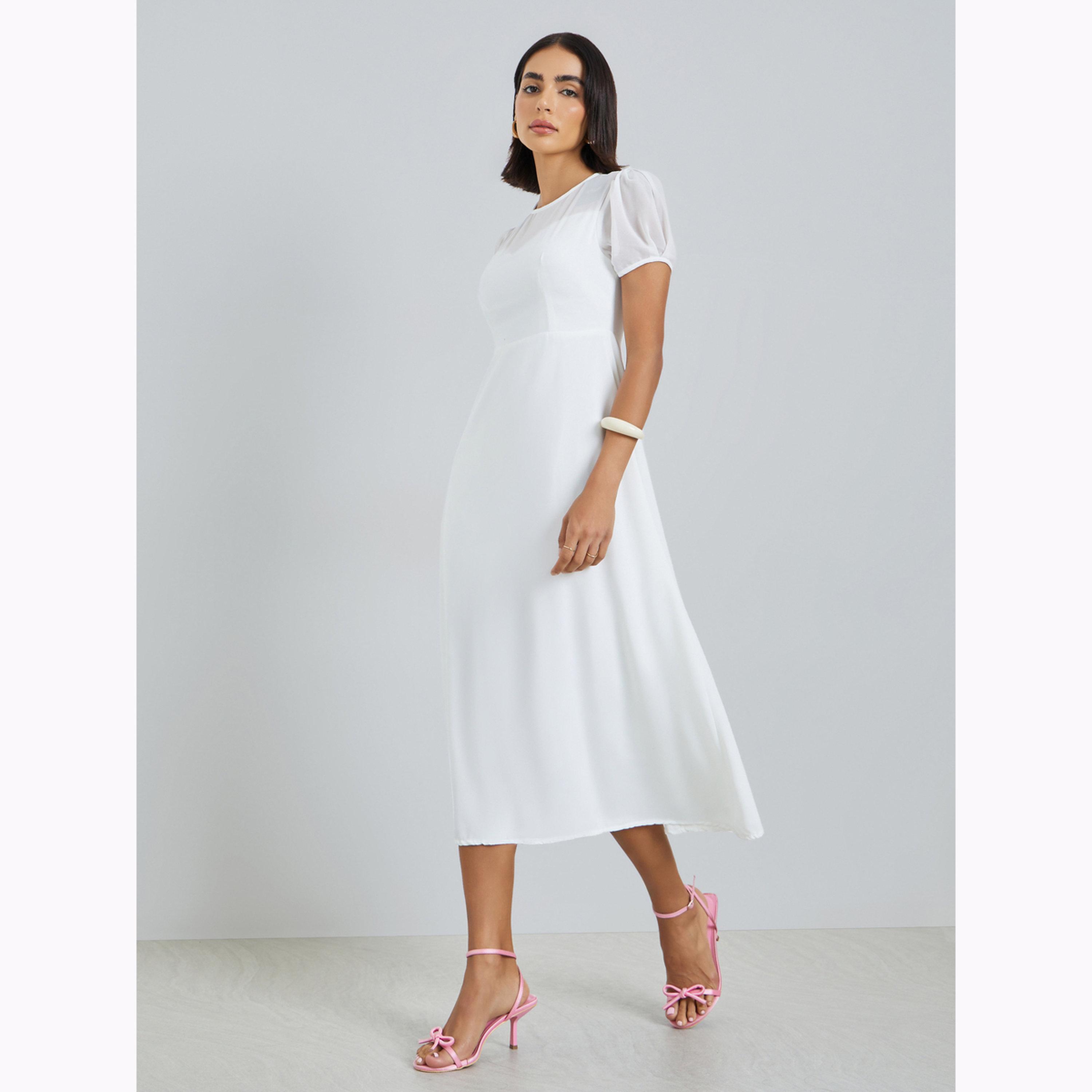 Styli White Round Neck A-Line Midi Dress-women-clothing-dresses-image-3