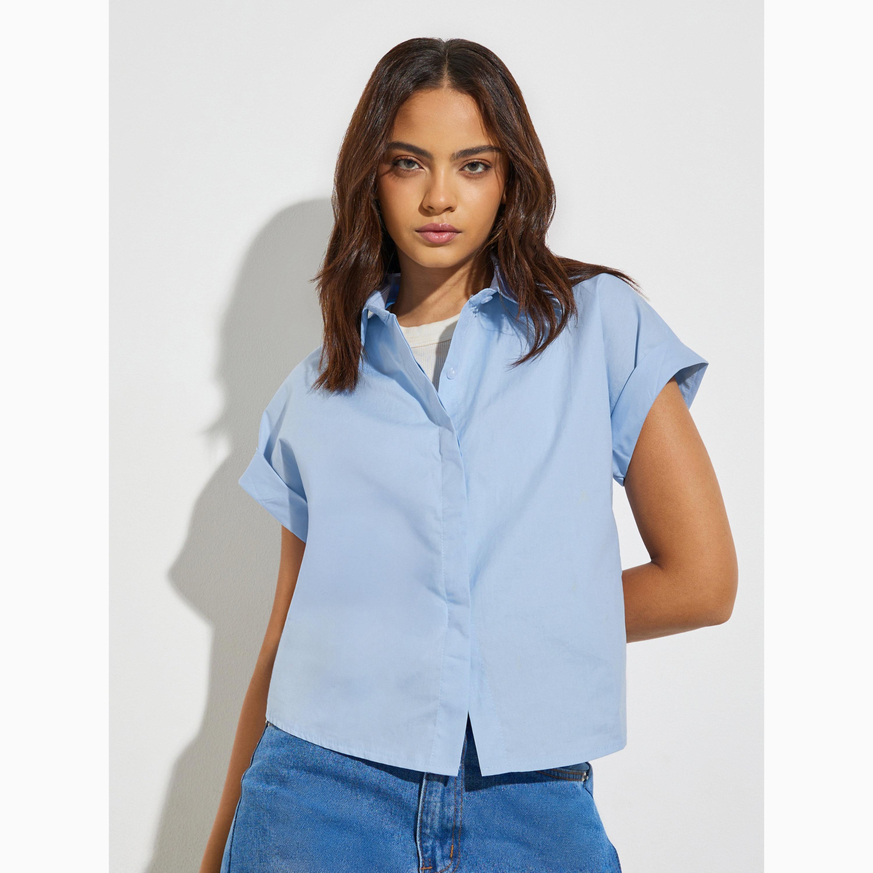 Styli Blue Solid Turn-Up Sleeve Casual Shirt-women-clothing-shirtsandblouses-shirts-image-1