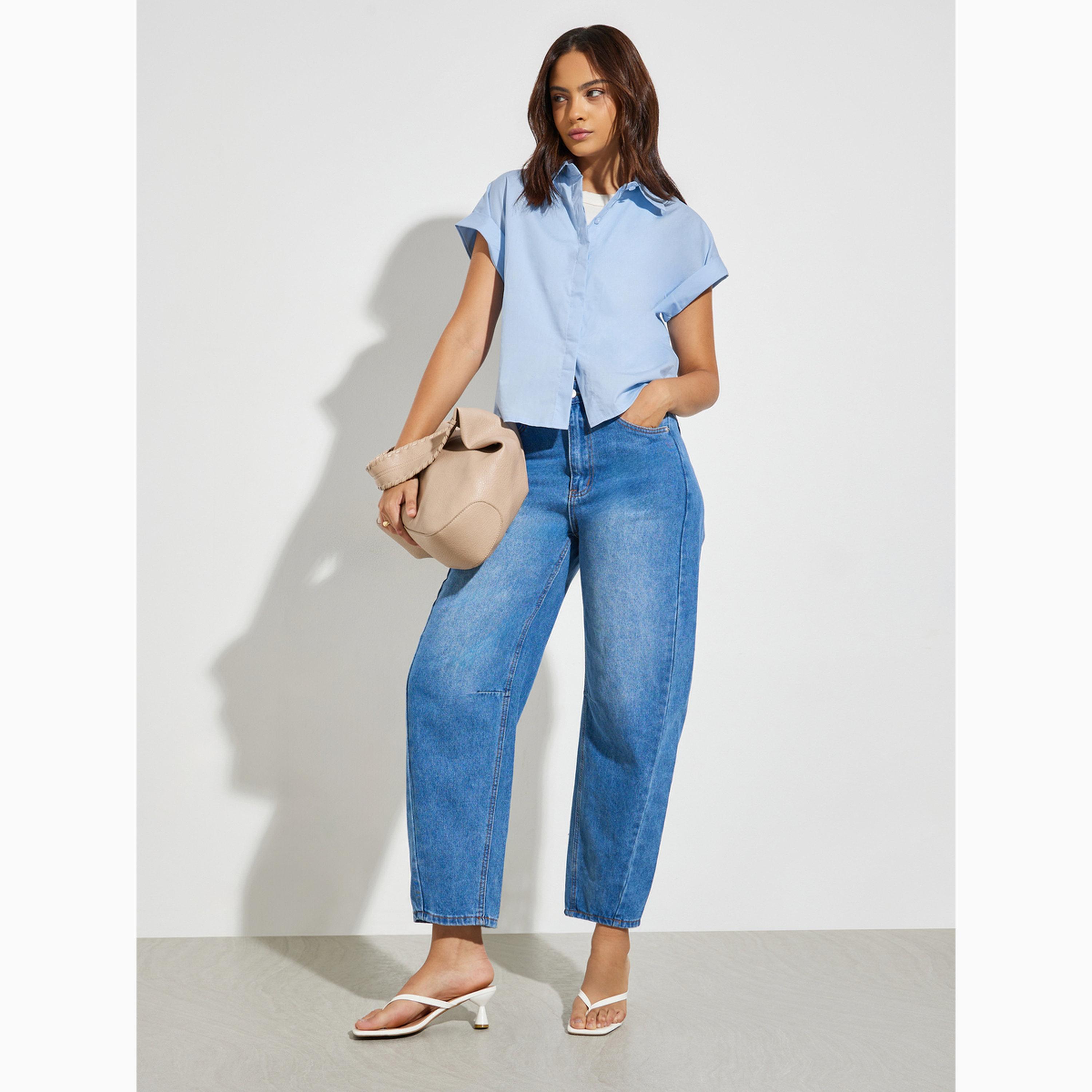 Styli Blue Solid Turn-Up Sleeve Casual Shirt-women-clothing-shirtsandblouses-shirts-image-2