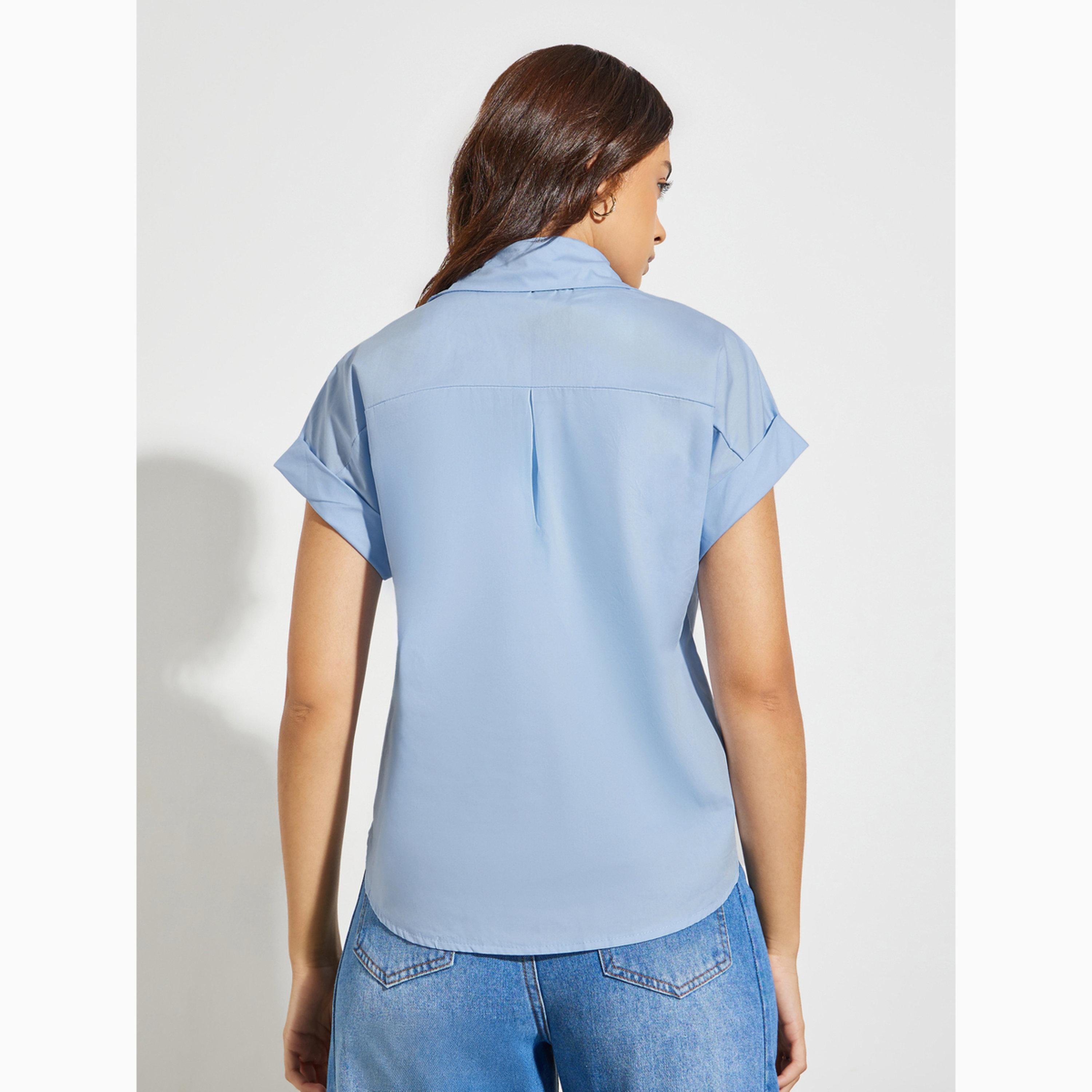 قميص كاجوال أزرق بلون سادة وأكمام مطوية-women-clothing-shirtsandblouses-shirts-image-4